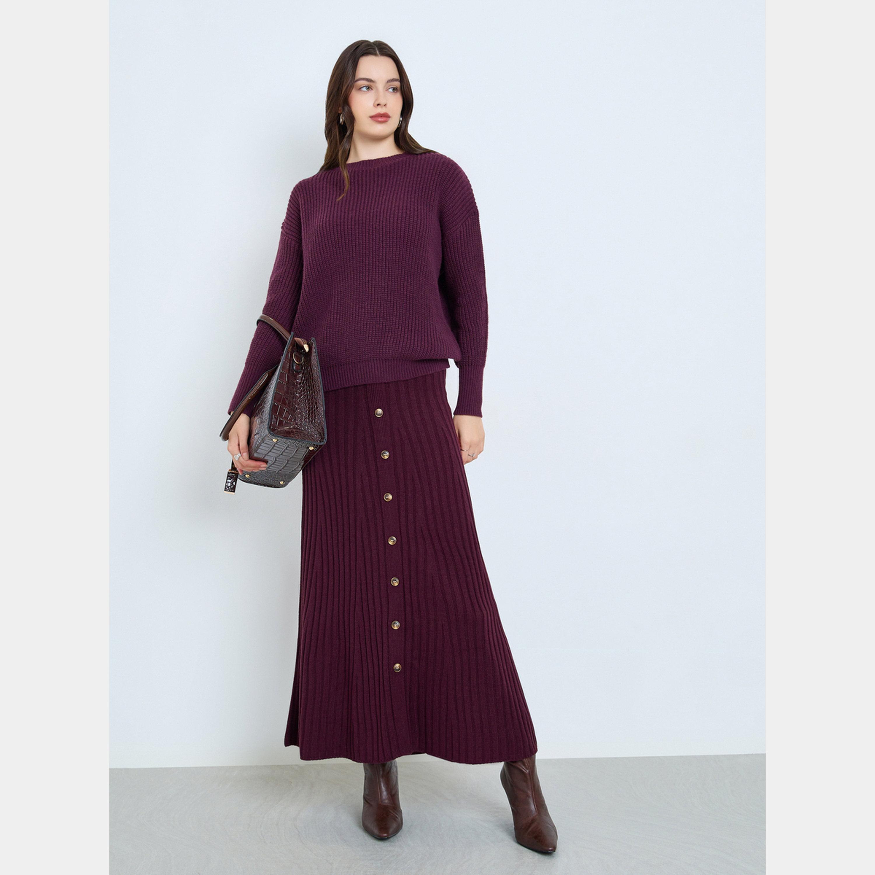 Styli Burgundy Ribbed Knit Sweater-women-winterwear-cardigansandjumpers-jumpers-image-2