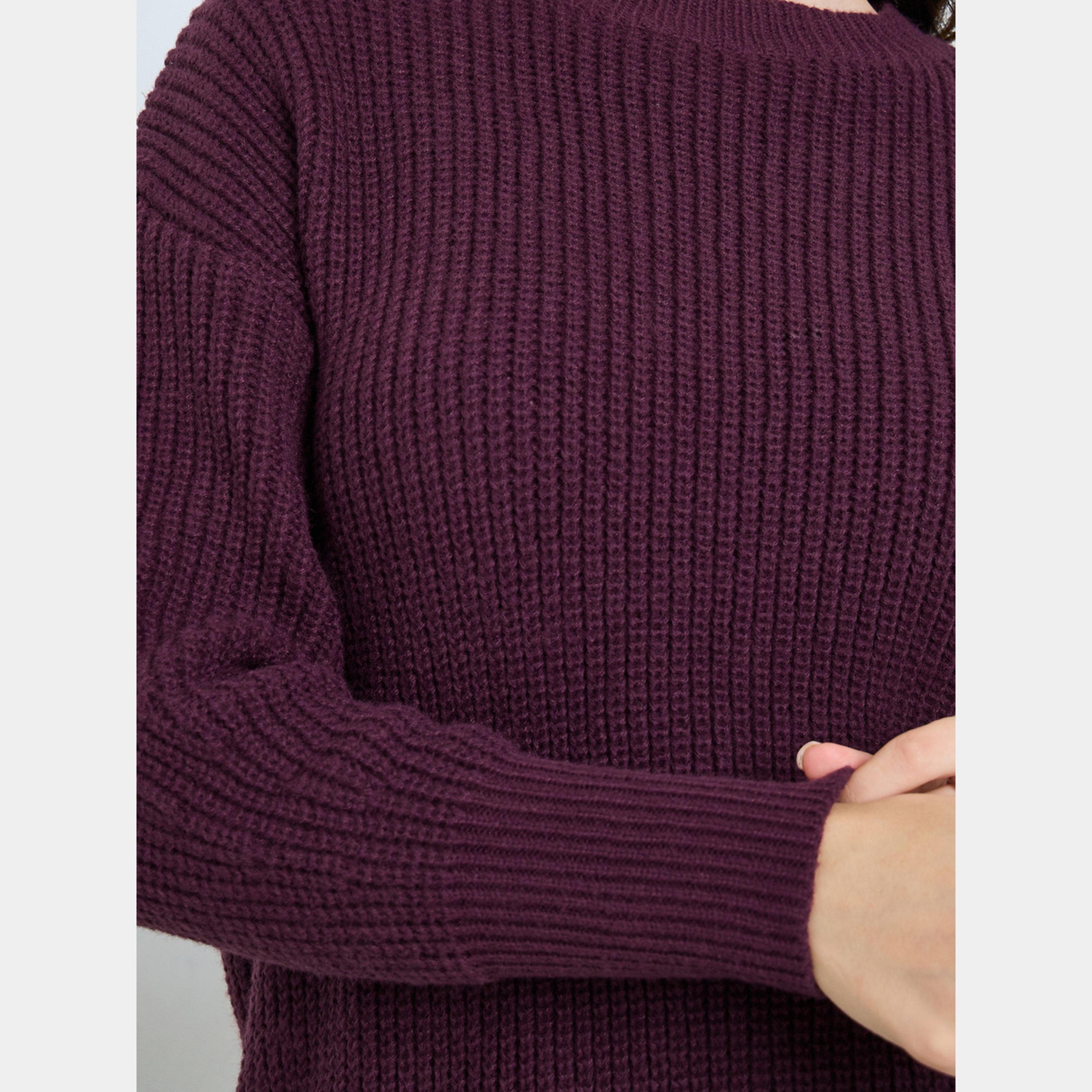 Styli Burgundy Ribbed Knit Sweater-women-winterwear-cardigansandjumpers-jumpers-image-3