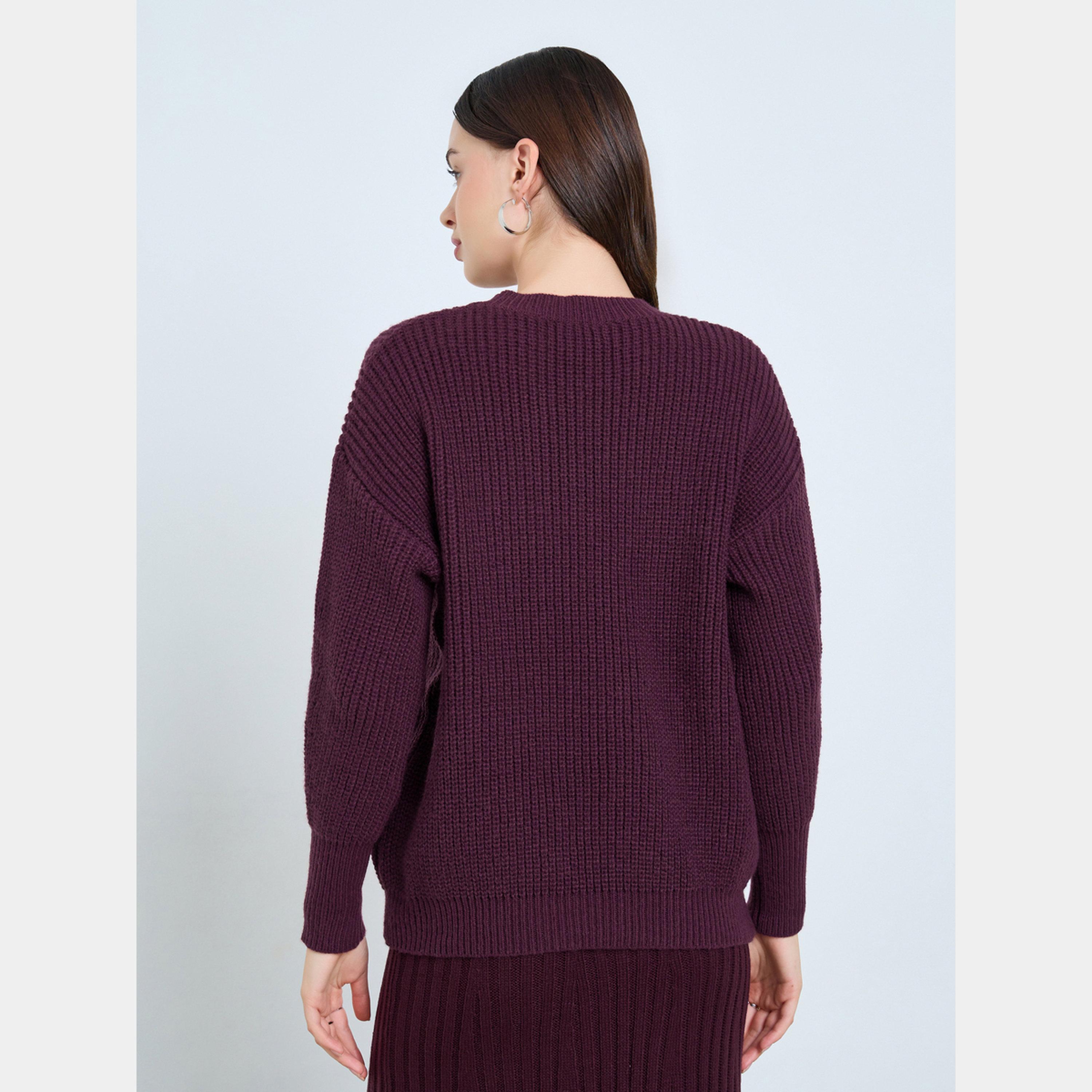 Styli Burgundy Ribbed Knit Sweater-women-winterwear-cardigansandjumpers-jumpers-image-4