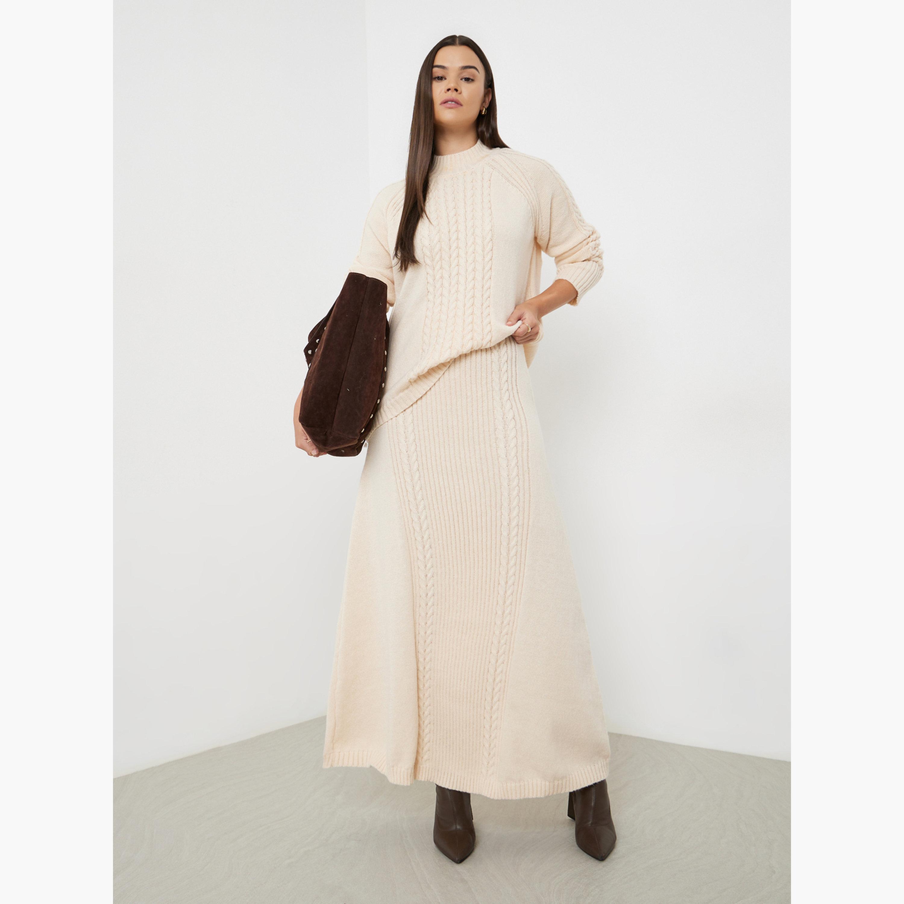 Styli Women Beige Sweat Cable Knit Maxi Skirt-women-clothing-bottoms-skirts-image-2