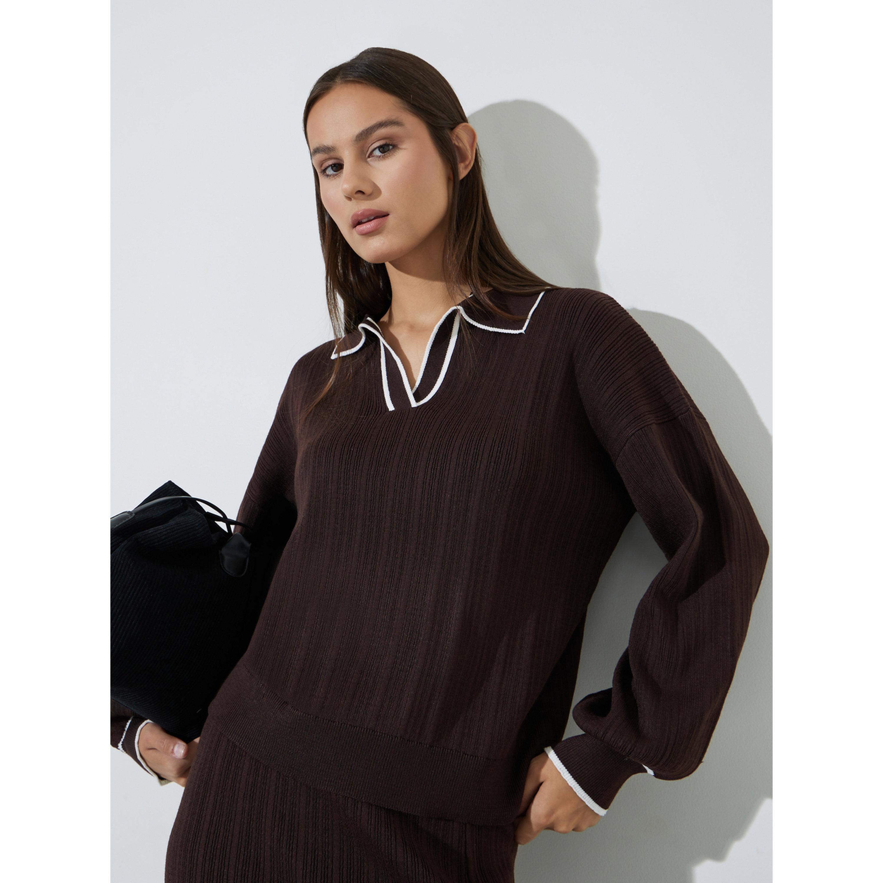 Styli Brown Knit Top with White Trim-women-clothing-shirtsandblouses-blouses-image-3