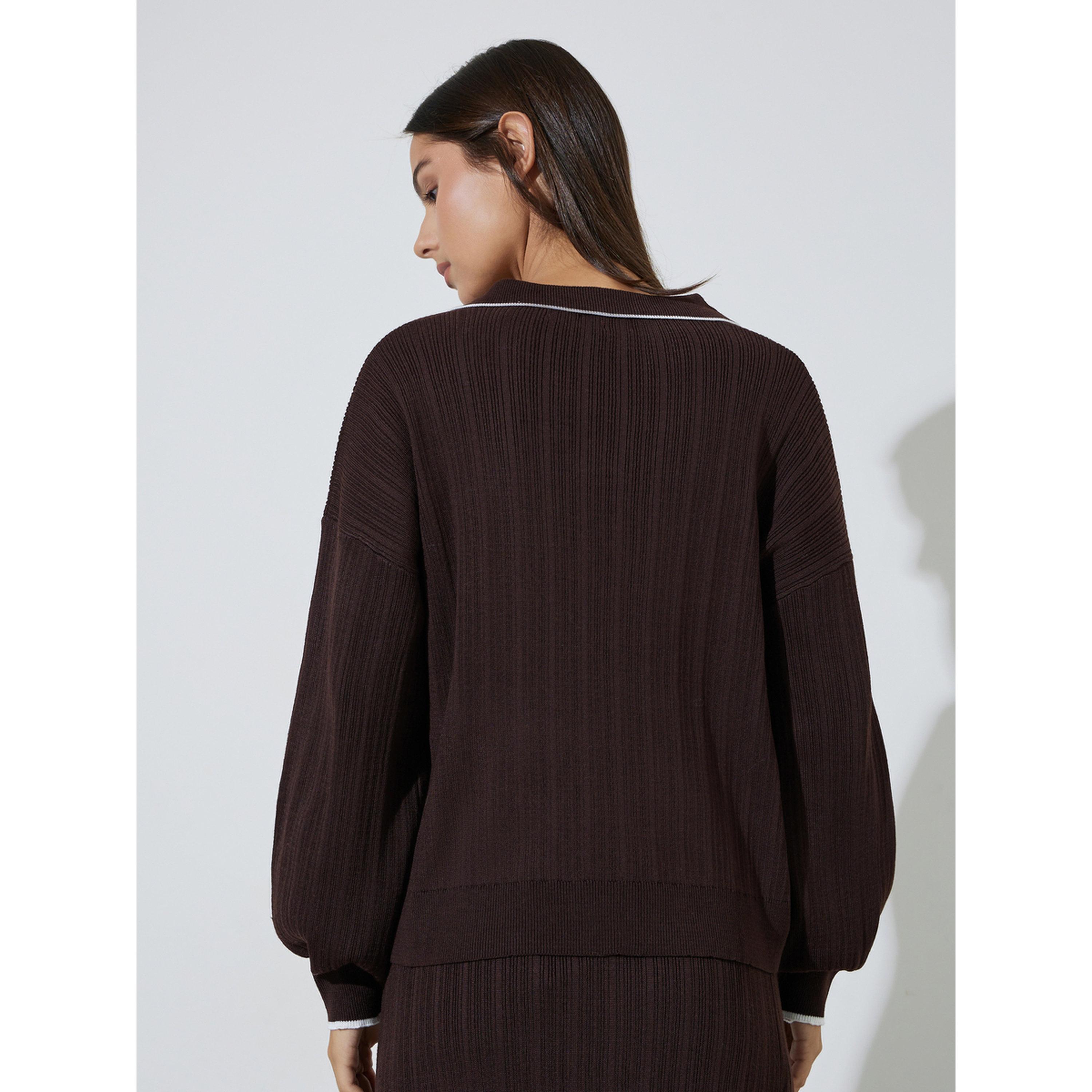 Styli Brown Knit Top with White Trim-women-clothing-shirtsandblouses-blouses-image-4