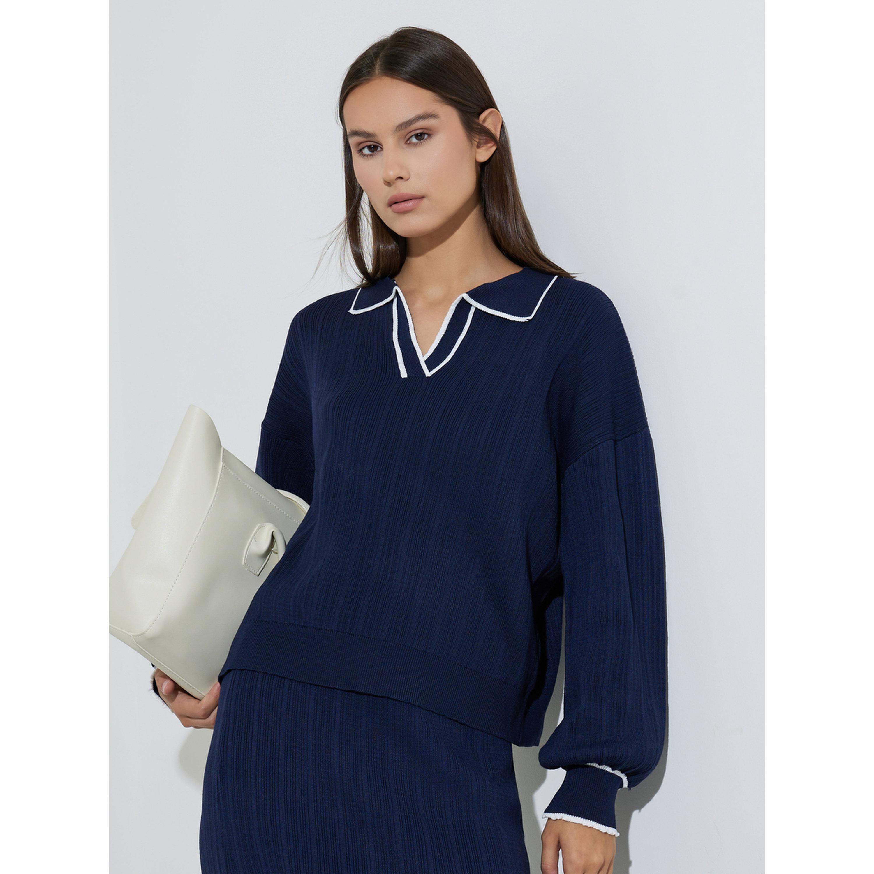 Styli Navy Blue Knit Top with White Trim-women-clothing-shirtsandblouses-blouses-image-1