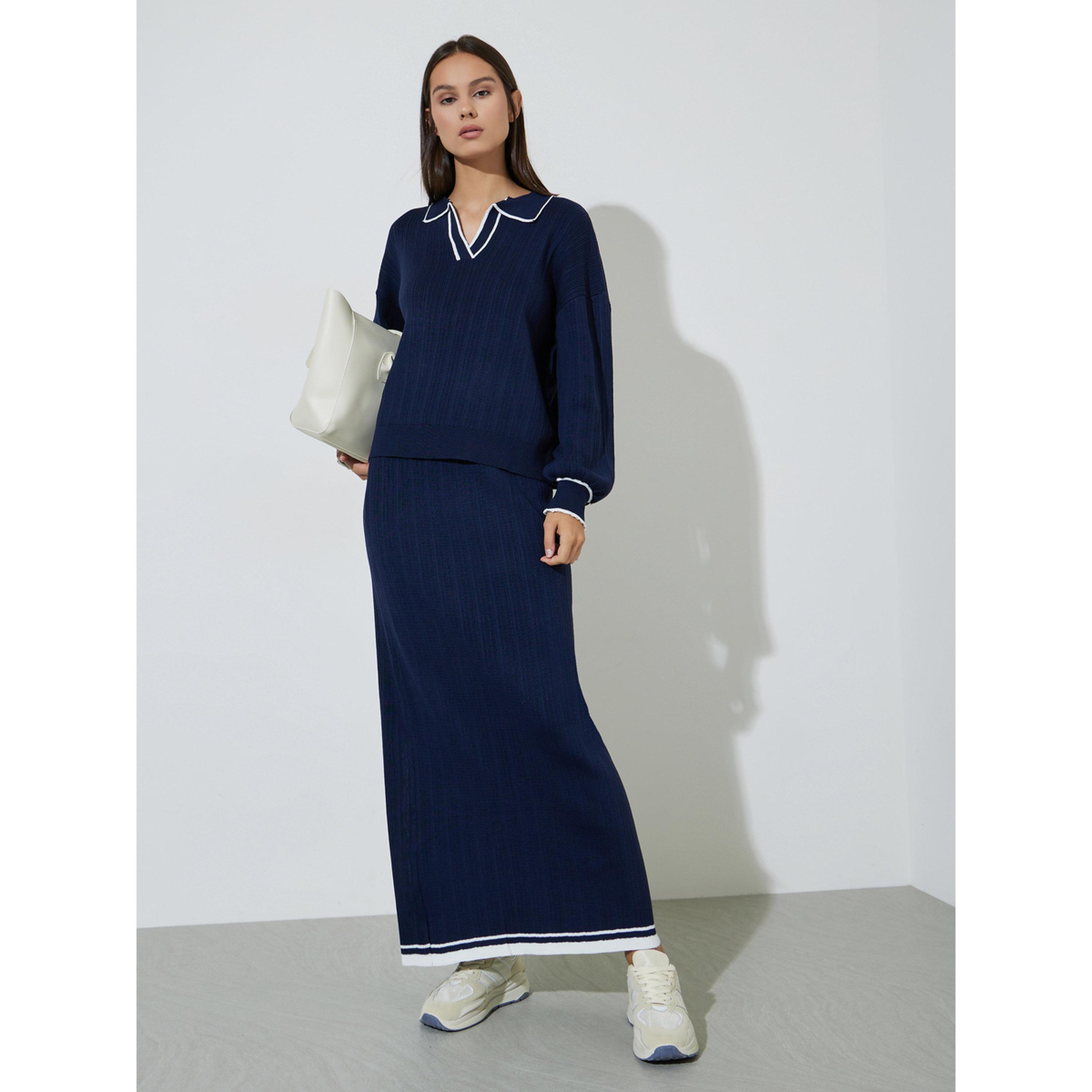 Styli Navy Blue Knit Top with White Trim-women-clothing-shirtsandblouses-blouses-image-2