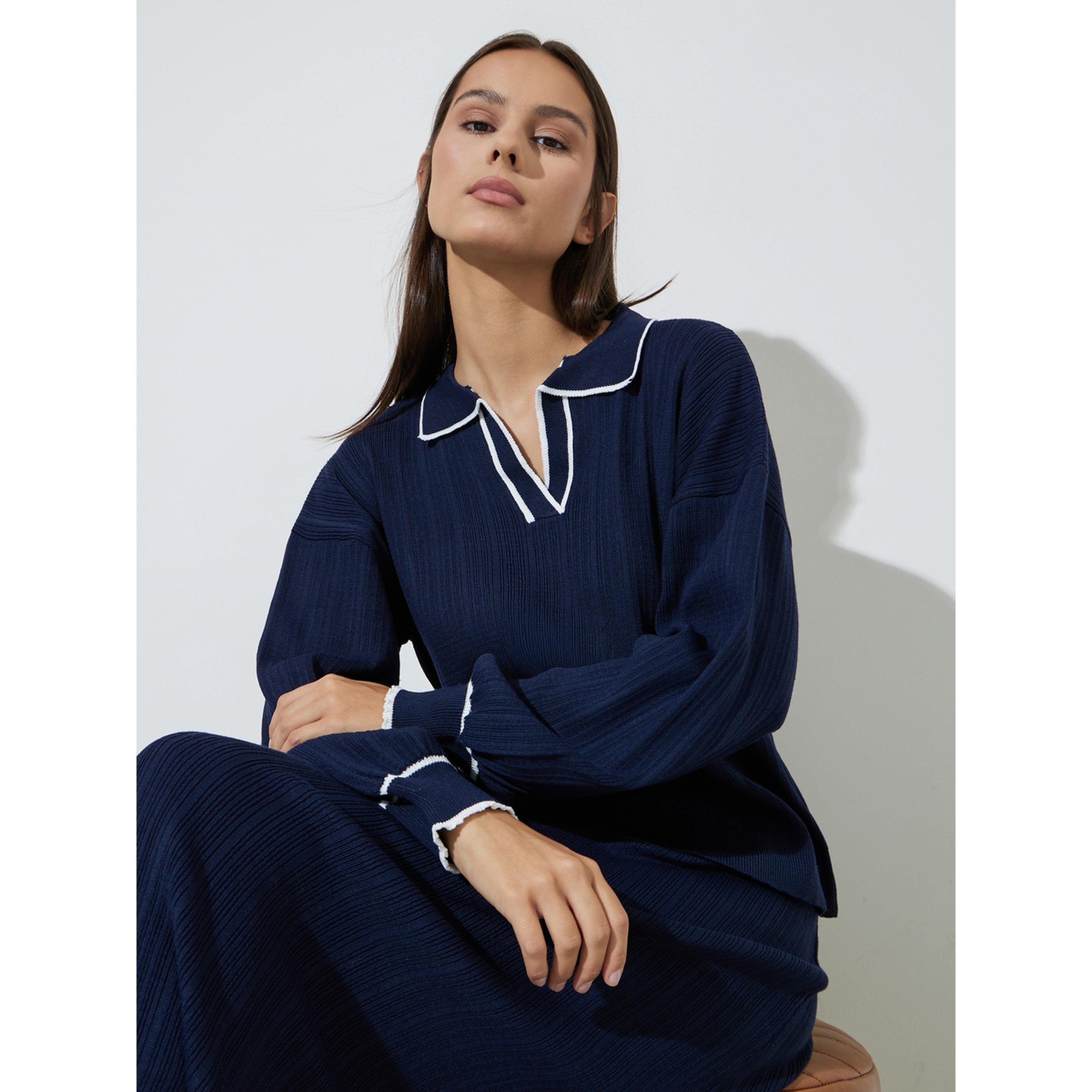 Styli Navy Blue Knit Top with White Trim-women-clothing-shirtsandblouses-blouses-image-4