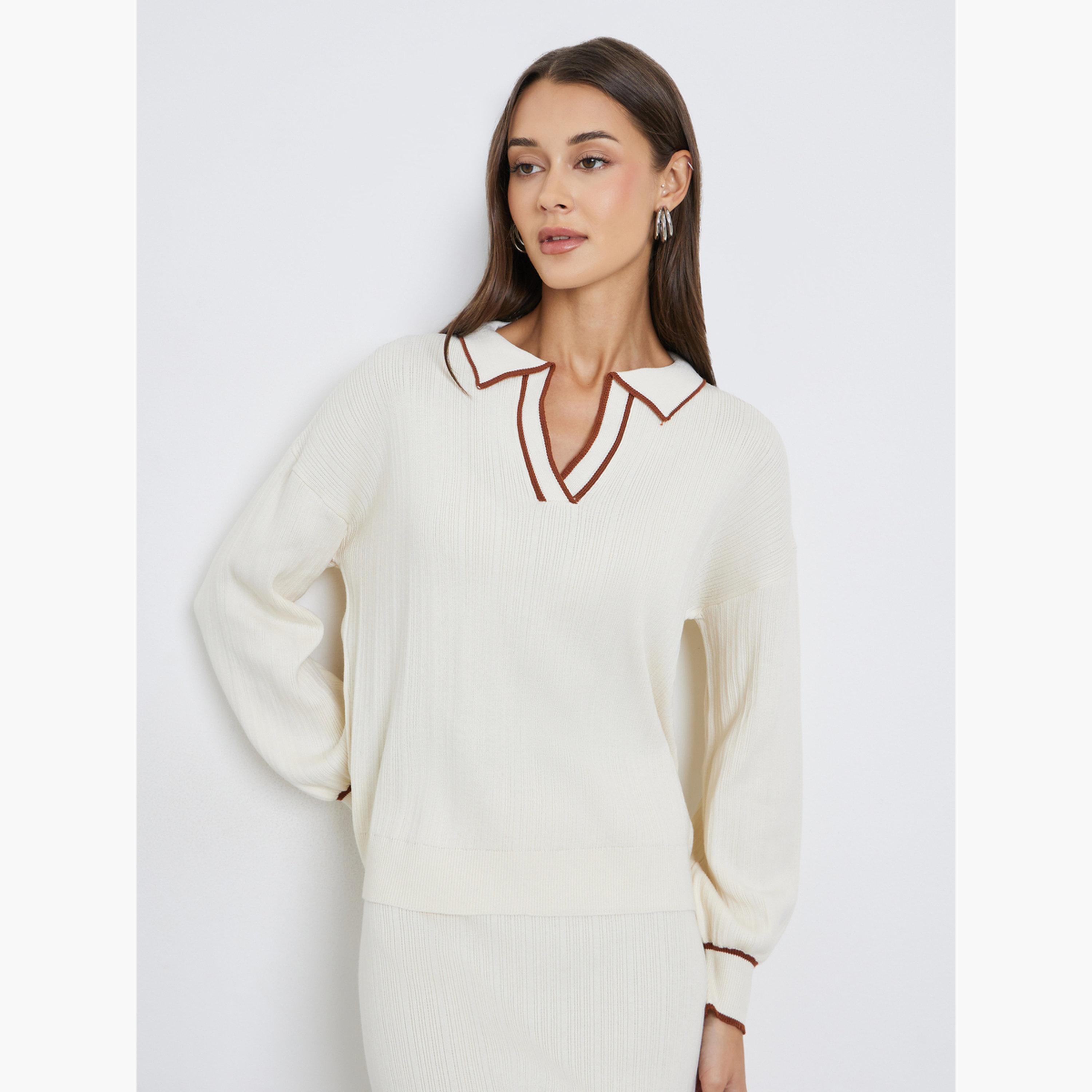 ستايلي - بلوزة محبوكة لون أوف وايت مع حواف بنية للنساء-women-clothing-tshirts-image-1