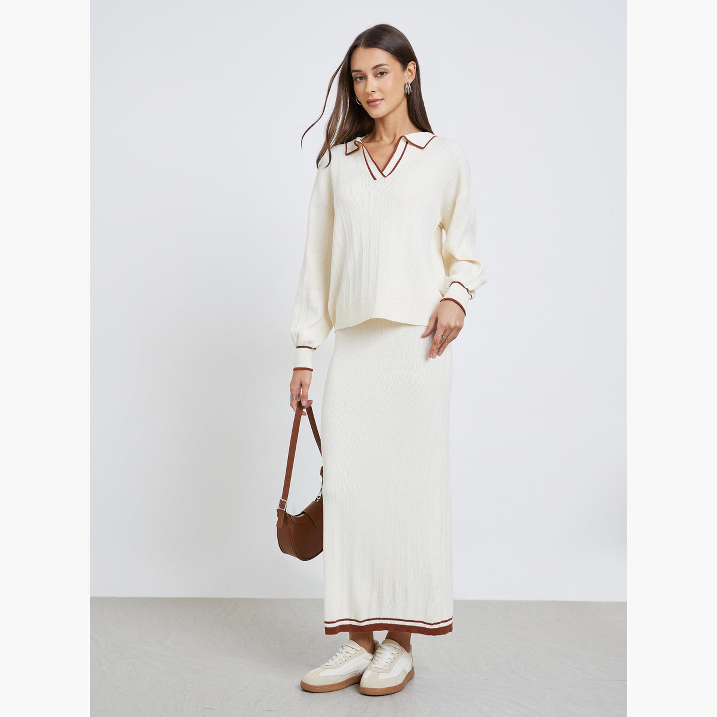 ستايلي - بلوزة محبوكة لون أوف وايت مع حواف بنية للنساء-women-clothing-tshirts-image-2