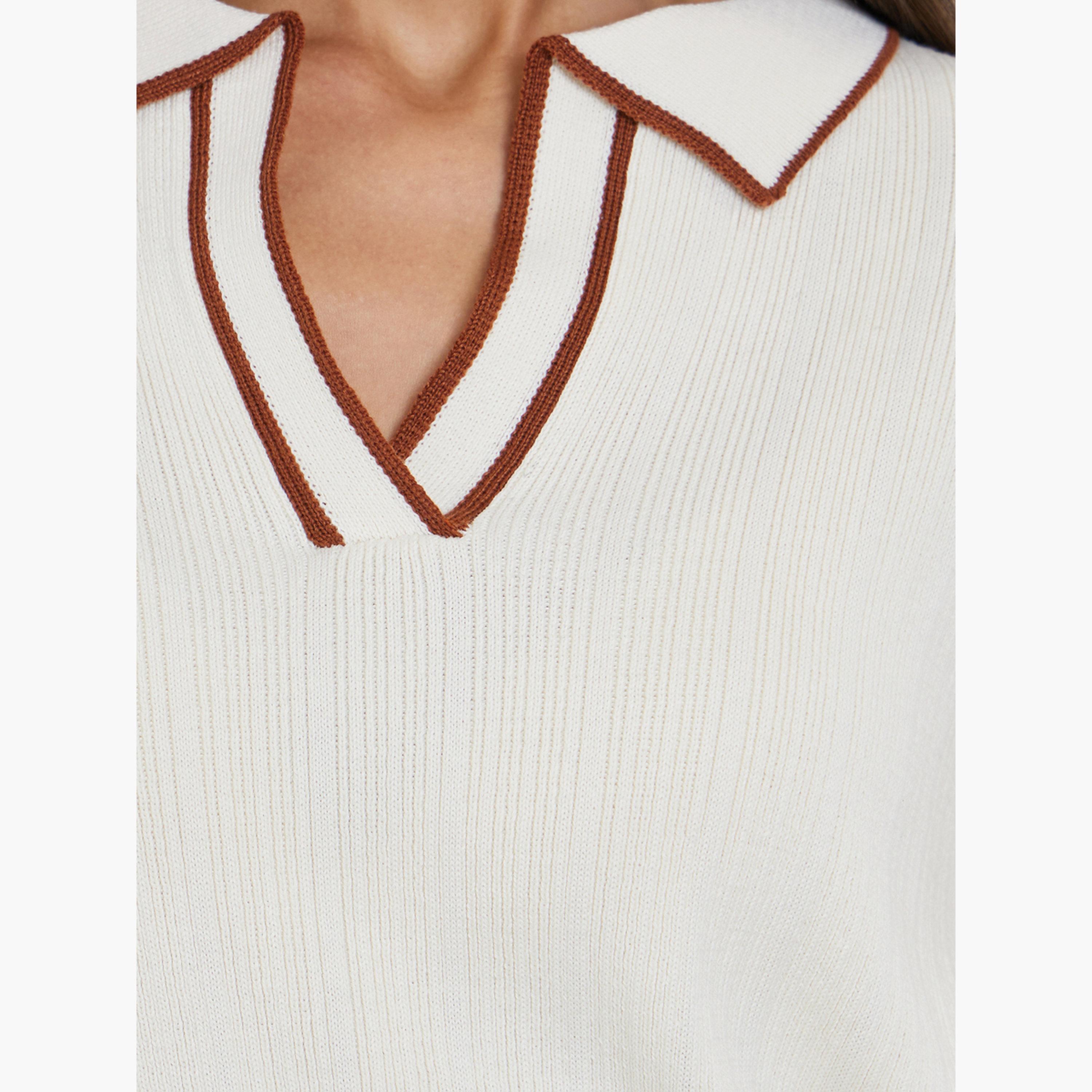 ستايلي - بلوزة محبوكة لون أوف وايت مع حواف بنية للنساء-women-clothing-tshirts-image-3