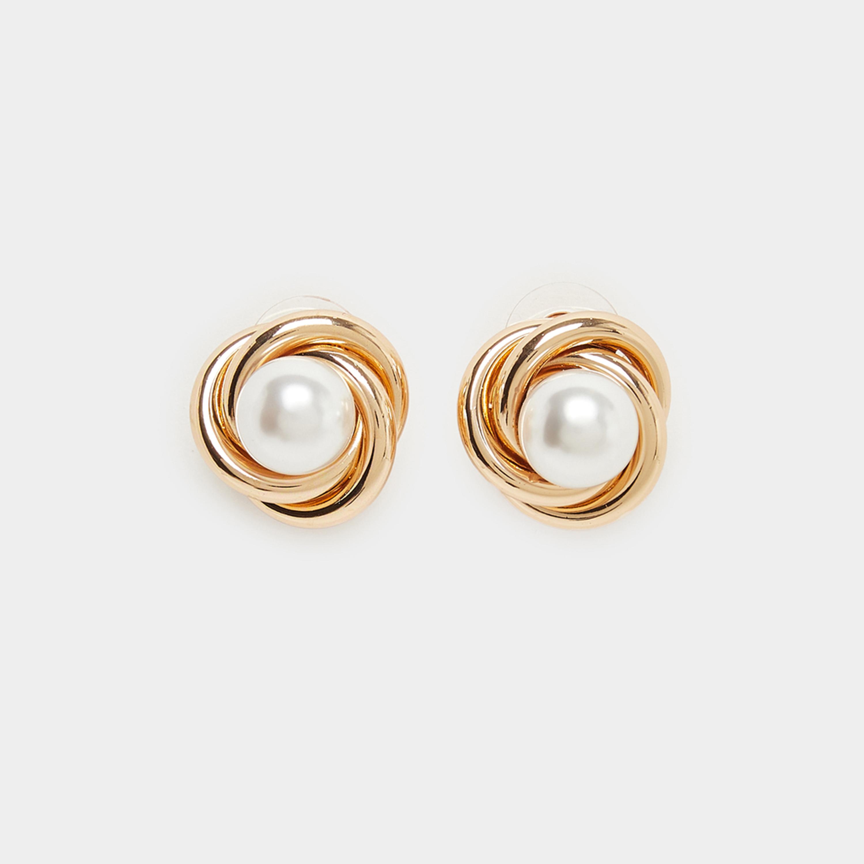 Styli Gold Tone Knot Stud Earrings with Pearl Center-women-watchesandjewellery-jewellery-earrings-image-1