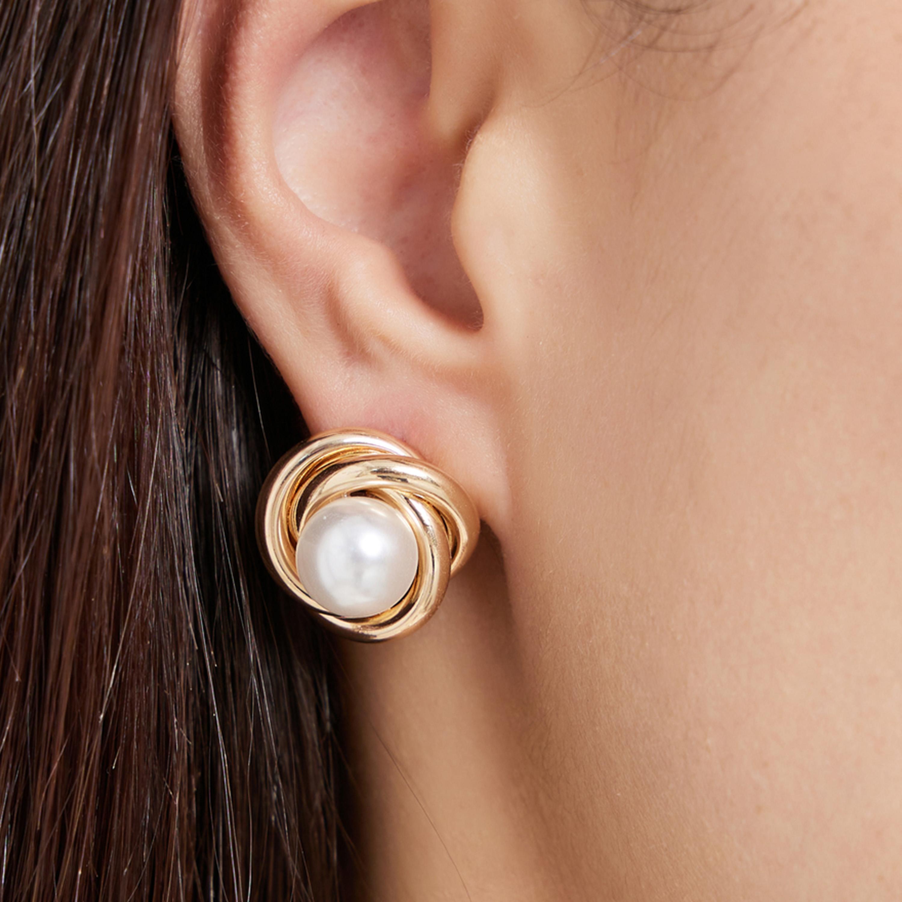 Styli Gold Tone Knot Stud Earrings with Pearl Center-women-watchesandjewellery-jewellery-earrings-image-2