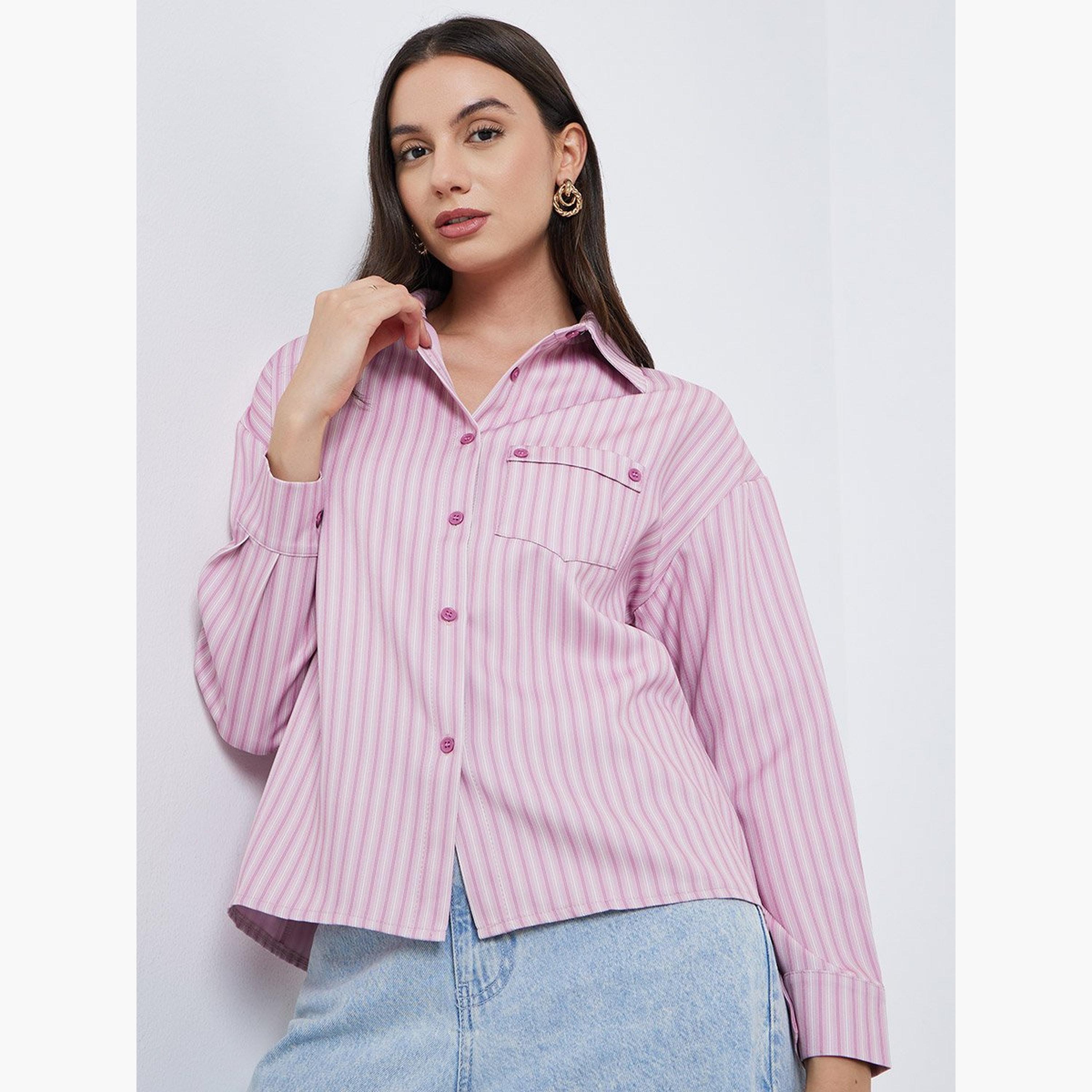 ستايلي - قميص وردي مخطط مع جيب قابل للطي-women-clothing-shirtsandblouses-shirts-image-1