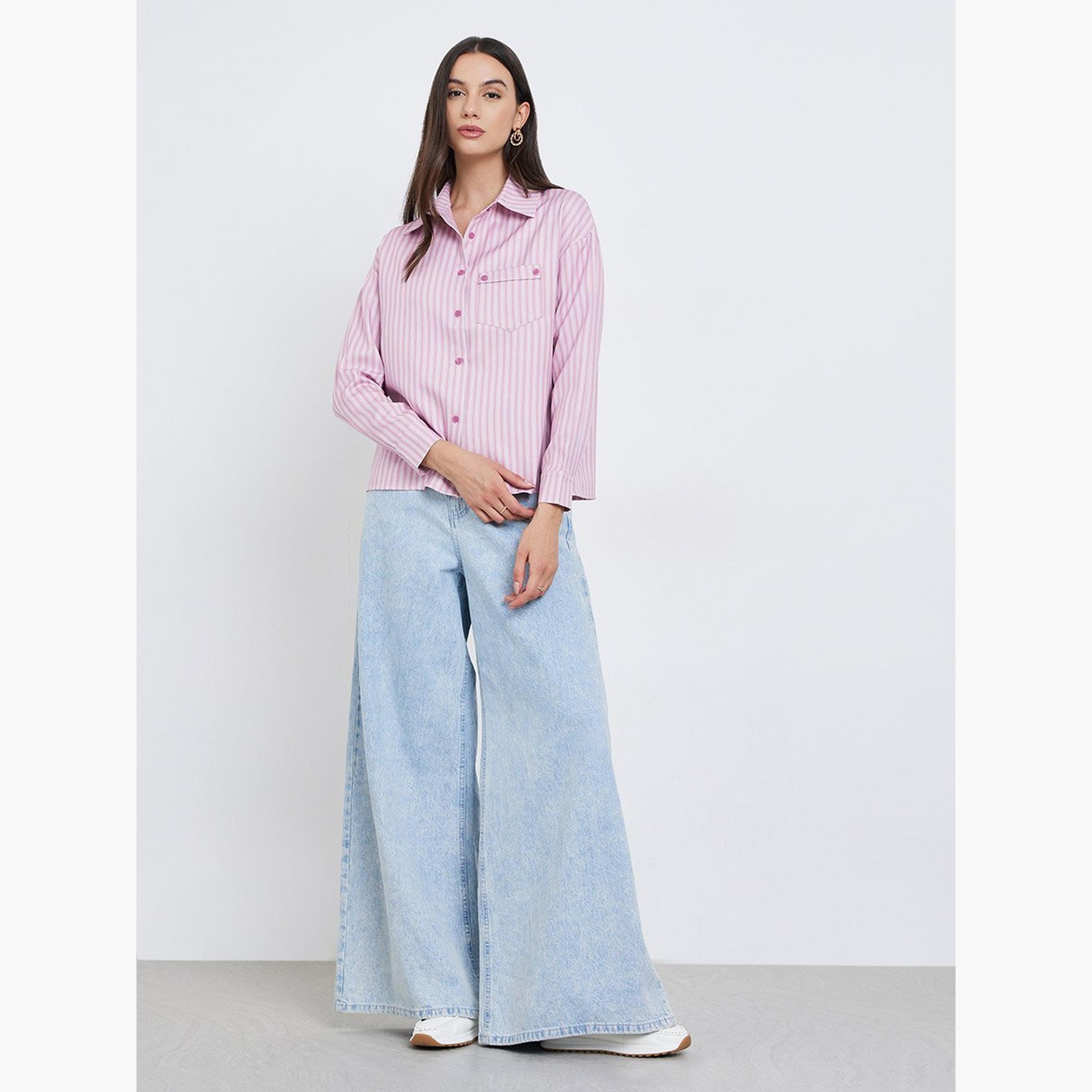 ستايلي - قميص وردي مخطط مع جيب قابل للطي-women-clothing-shirtsandblouses-shirts-image-2