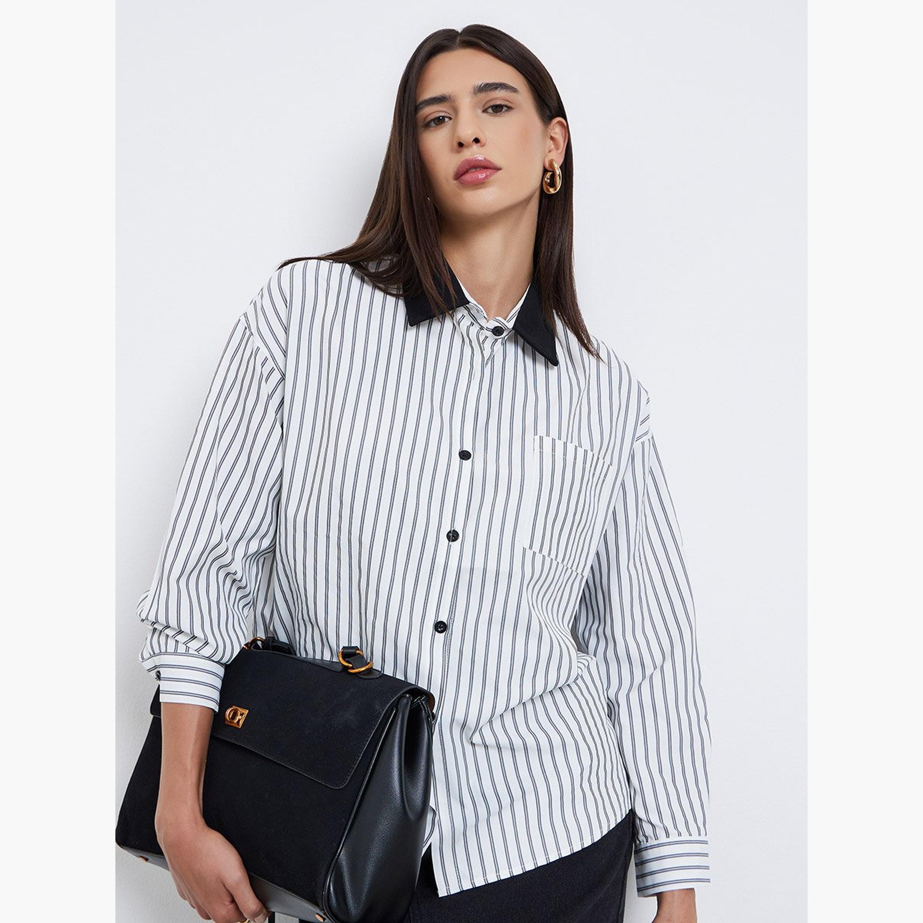 Styli Striped Contrast Collar Oversized Shirt-women-clothing-shirtsandblouses-shirts-image-1