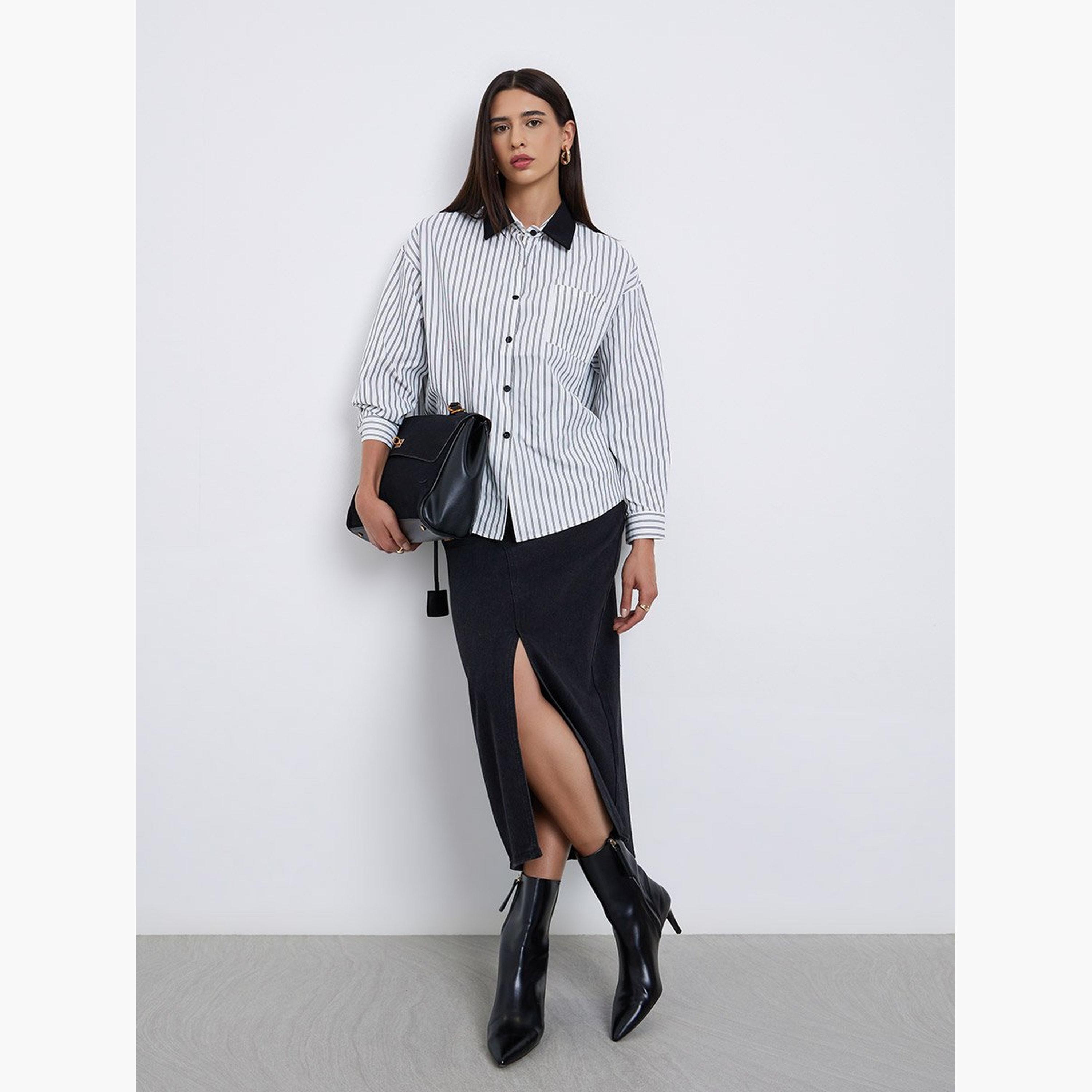 ستايلي - قميص مخطط ياقة متباينة ومقاس كبير-women-clothing-shirtsandblouses-shirts-image-2
