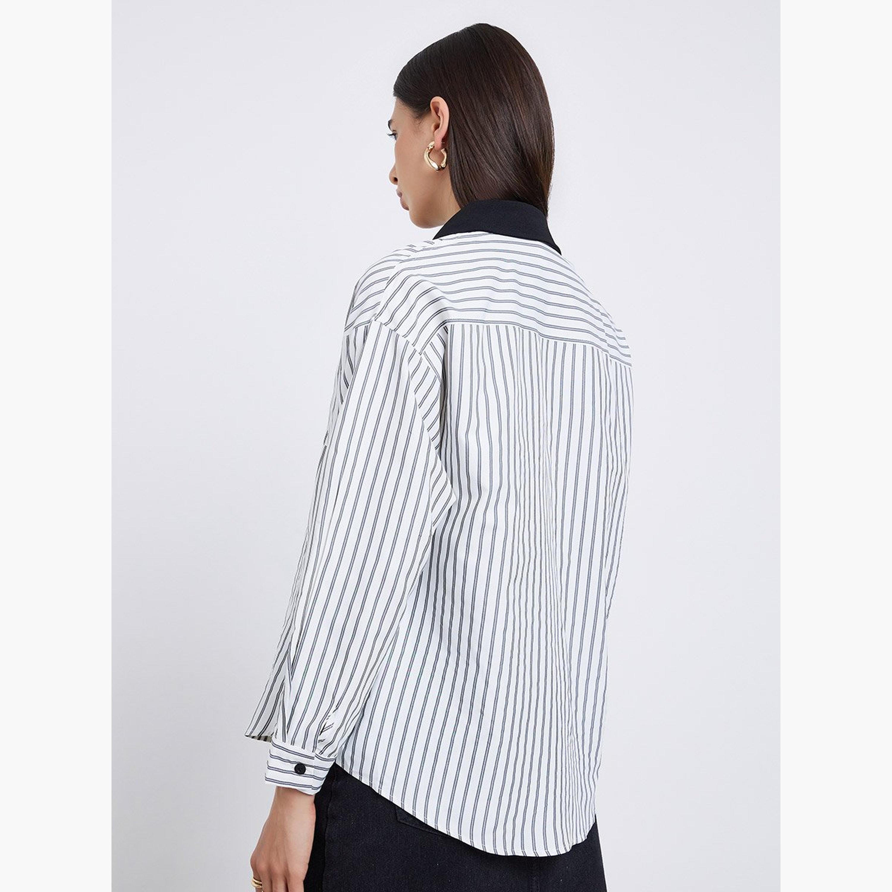 ستايلي - قميص مخطط ياقة متباينة ومقاس كبير-women-clothing-shirtsandblouses-shirts-image-4