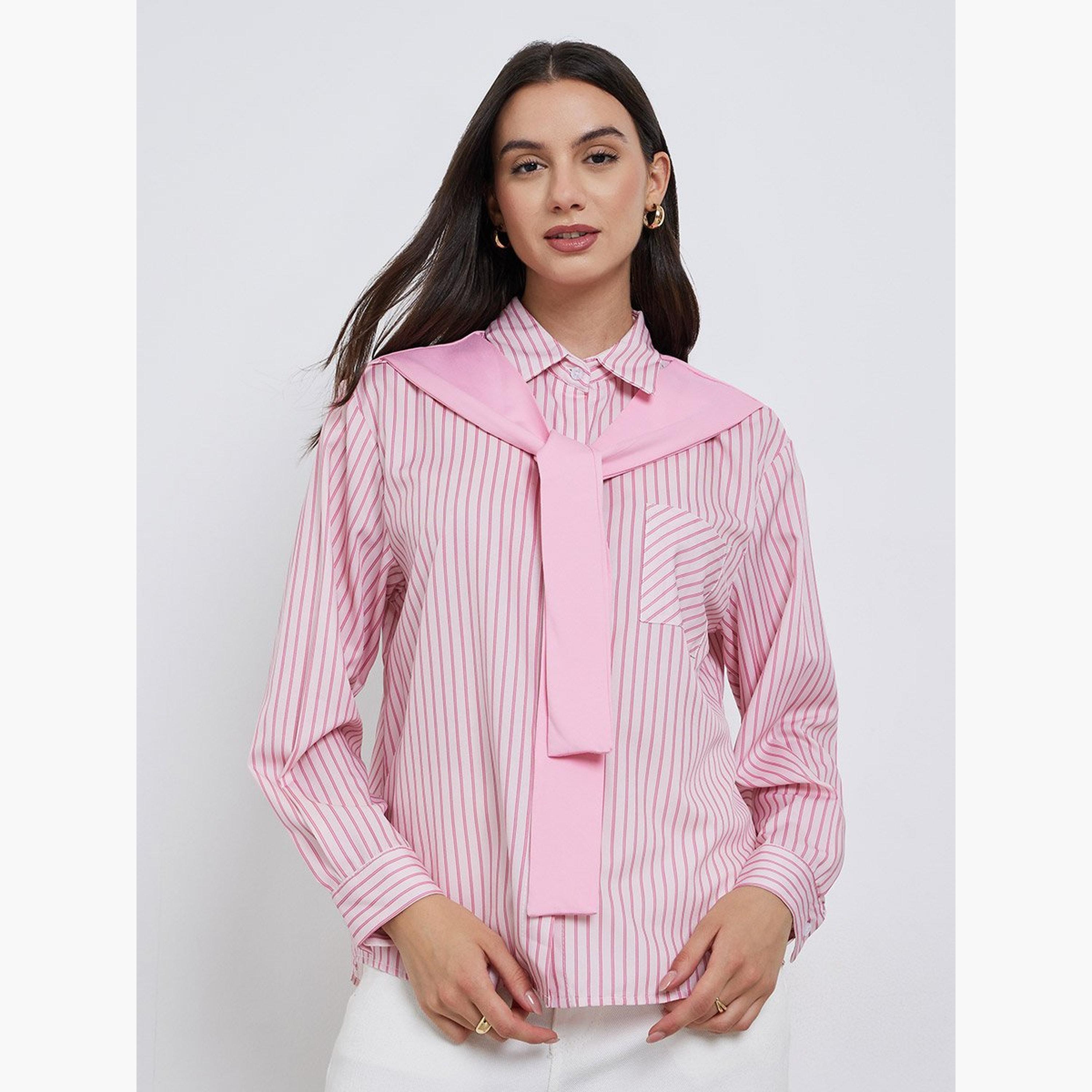 ستايلي - قميص مخطط وردي مع عقدة على شكل شال-women-clothing-shirtsandblouses-shirts-image-1
