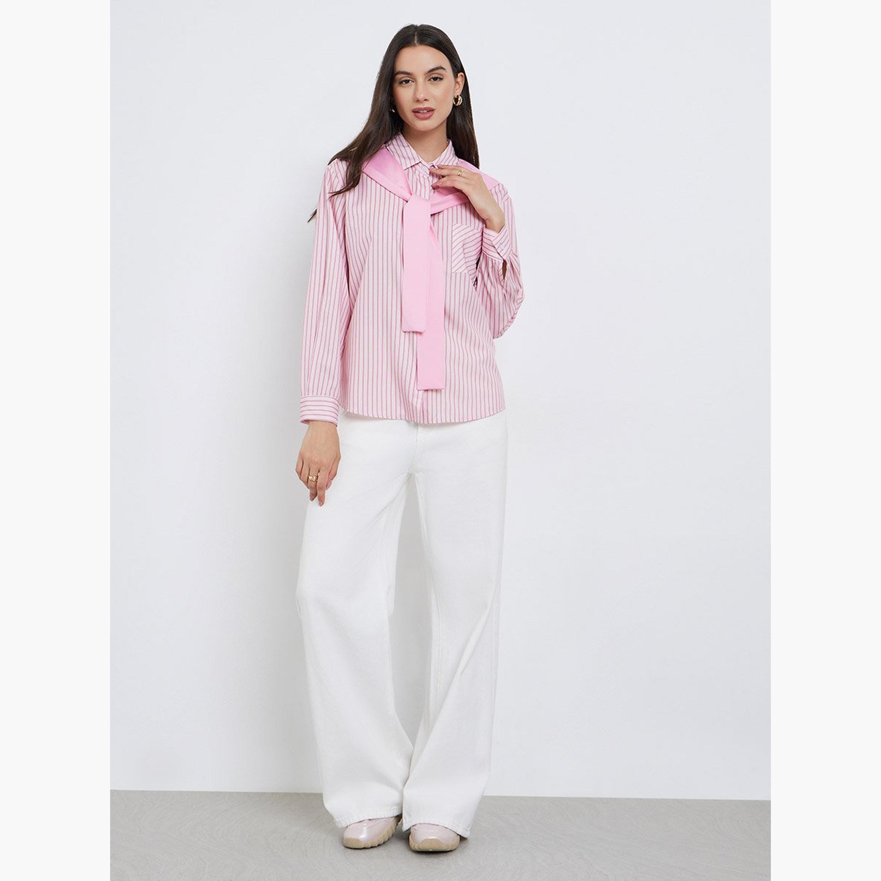 ستايلي - قميص مخطط وردي مع عقدة على شكل شال-women-clothing-shirtsandblouses-shirts-image-2