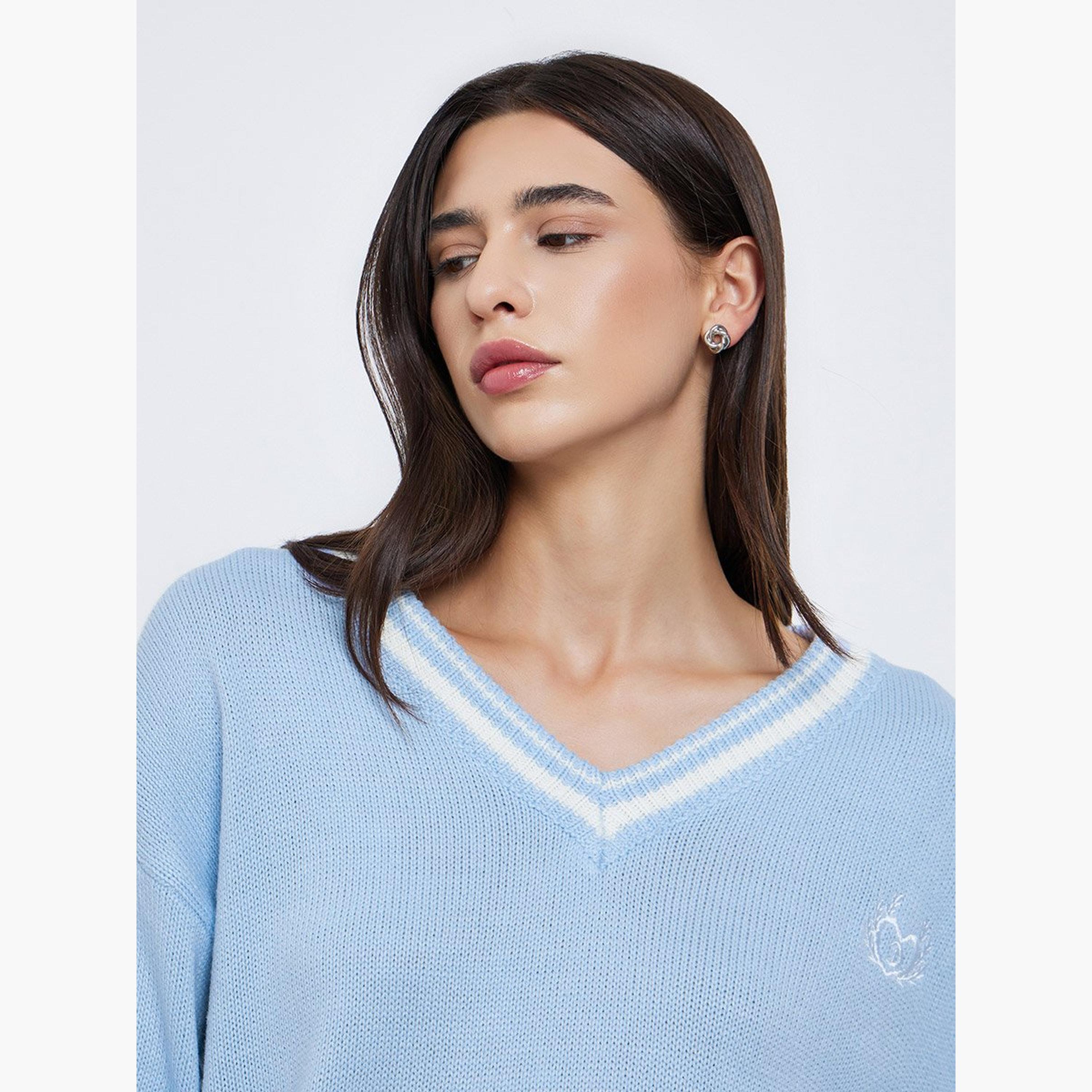 ستايلي - سترة زرقاء مخططة مقاس كبير بفتحة رقبة على شكل حرف V-women-winterwear-cardigansandjumpers-jumpers-image-4