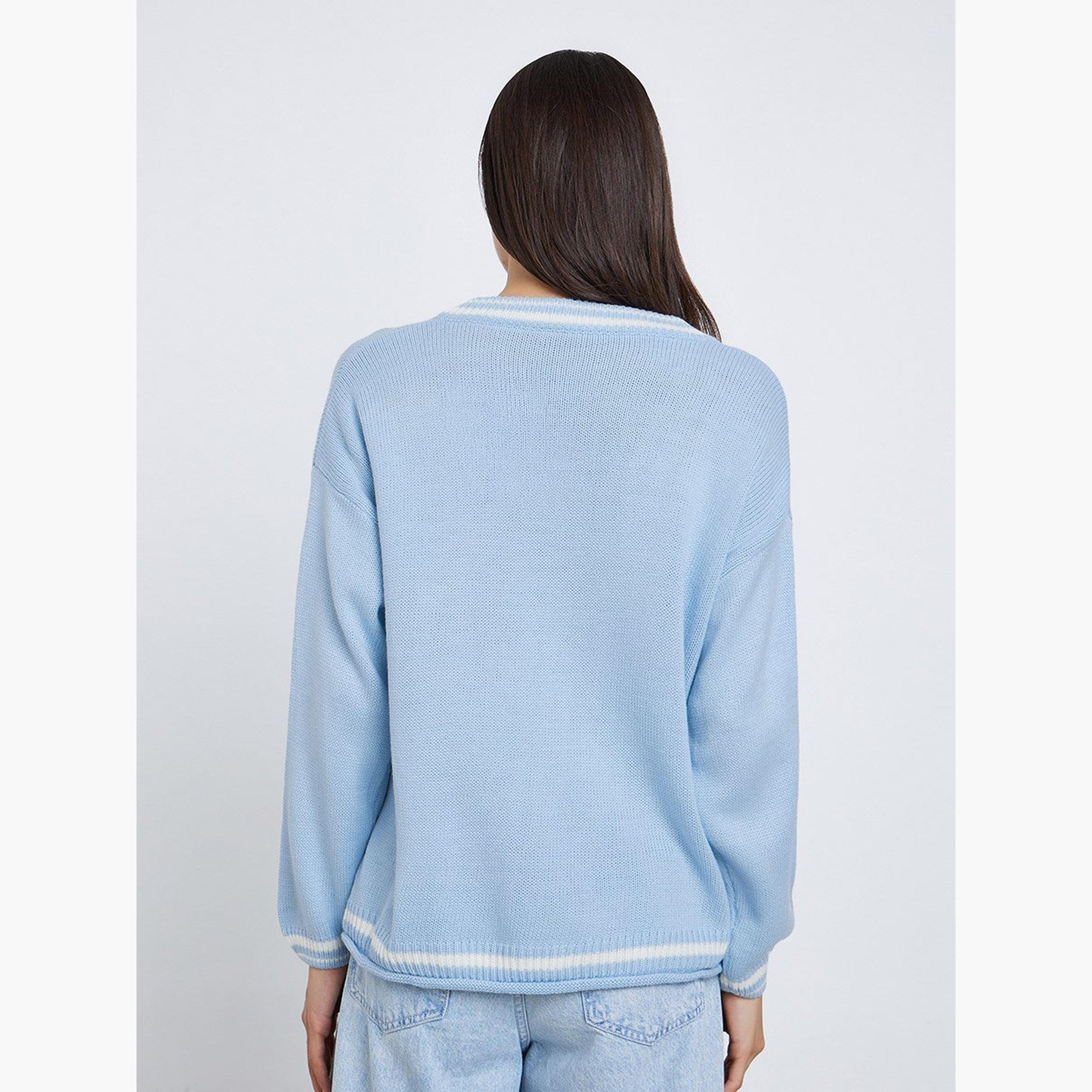 ستايلي - سترة زرقاء مخططة مقاس كبير بفتحة رقبة على شكل حرف V-women-winterwear-cardigansandjumpers-jumpers-image-5