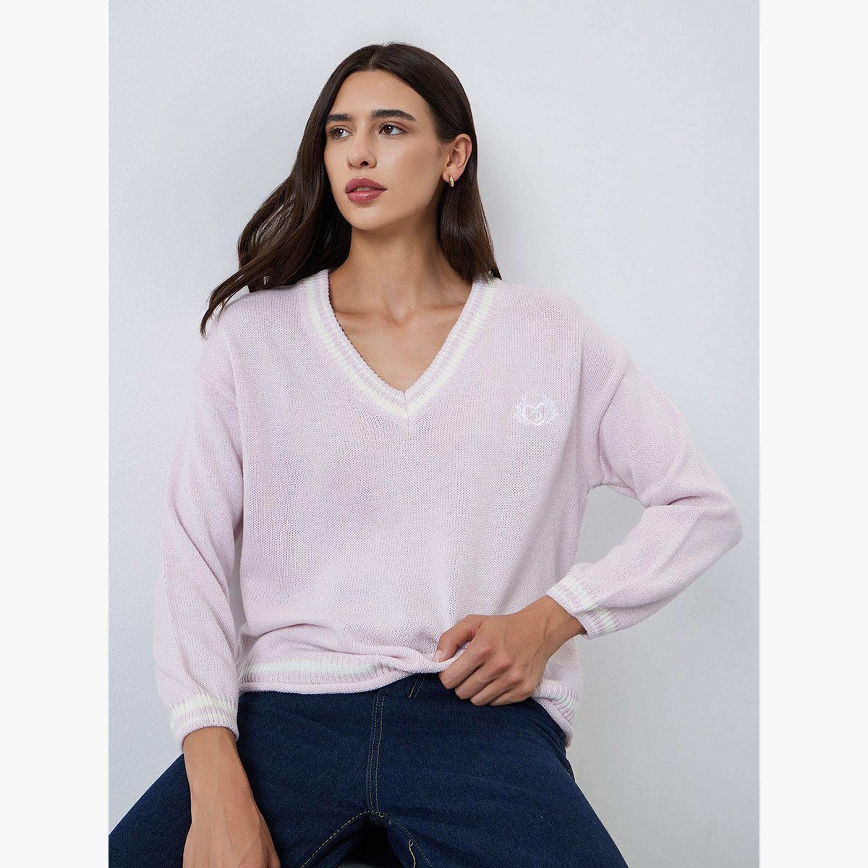 Styli Pink V-Neck Striped Oversized Sweater-women-winterwear-cardigansandjumpers-jumpers-image-1