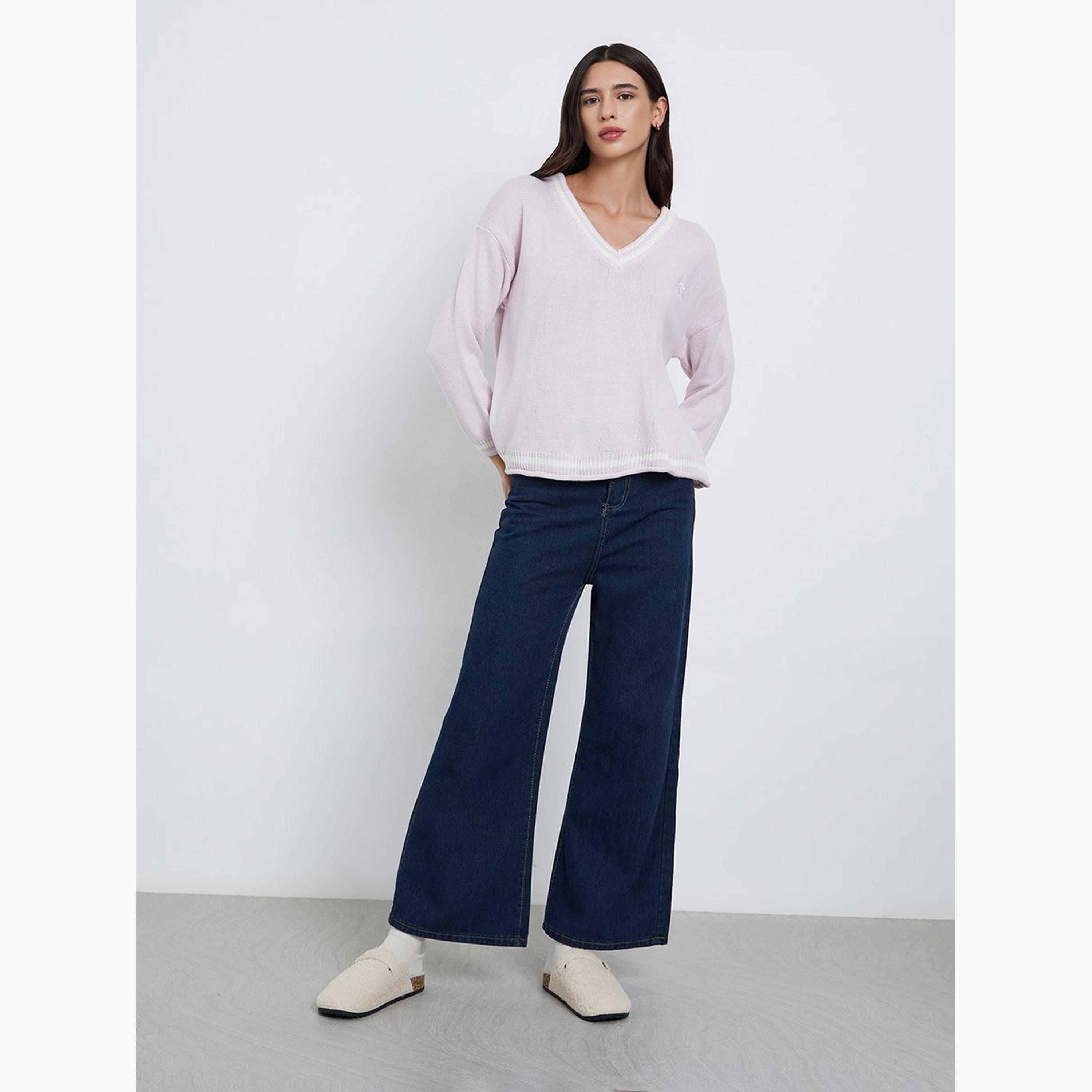 ستايلي - سترة وردية مخططة مقاس كبير بفتحة رقبة على شكل حرف V-women-winterwear-cardigansandjumpers-jumpers-image-2