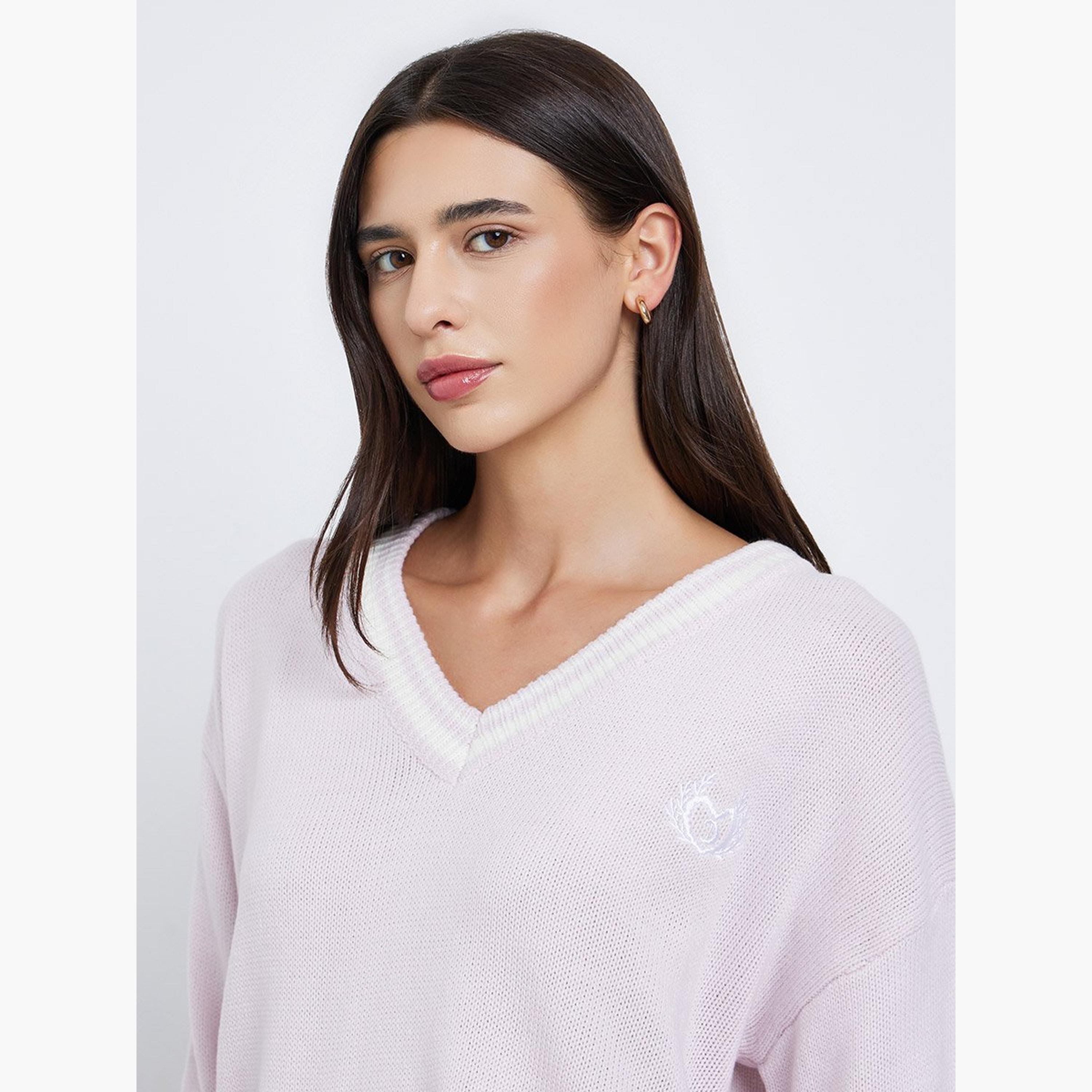 ستايلي - سترة وردية مخططة مقاس كبير بفتحة رقبة على شكل حرف V-women-winterwear-cardigansandjumpers-jumpers-image-3