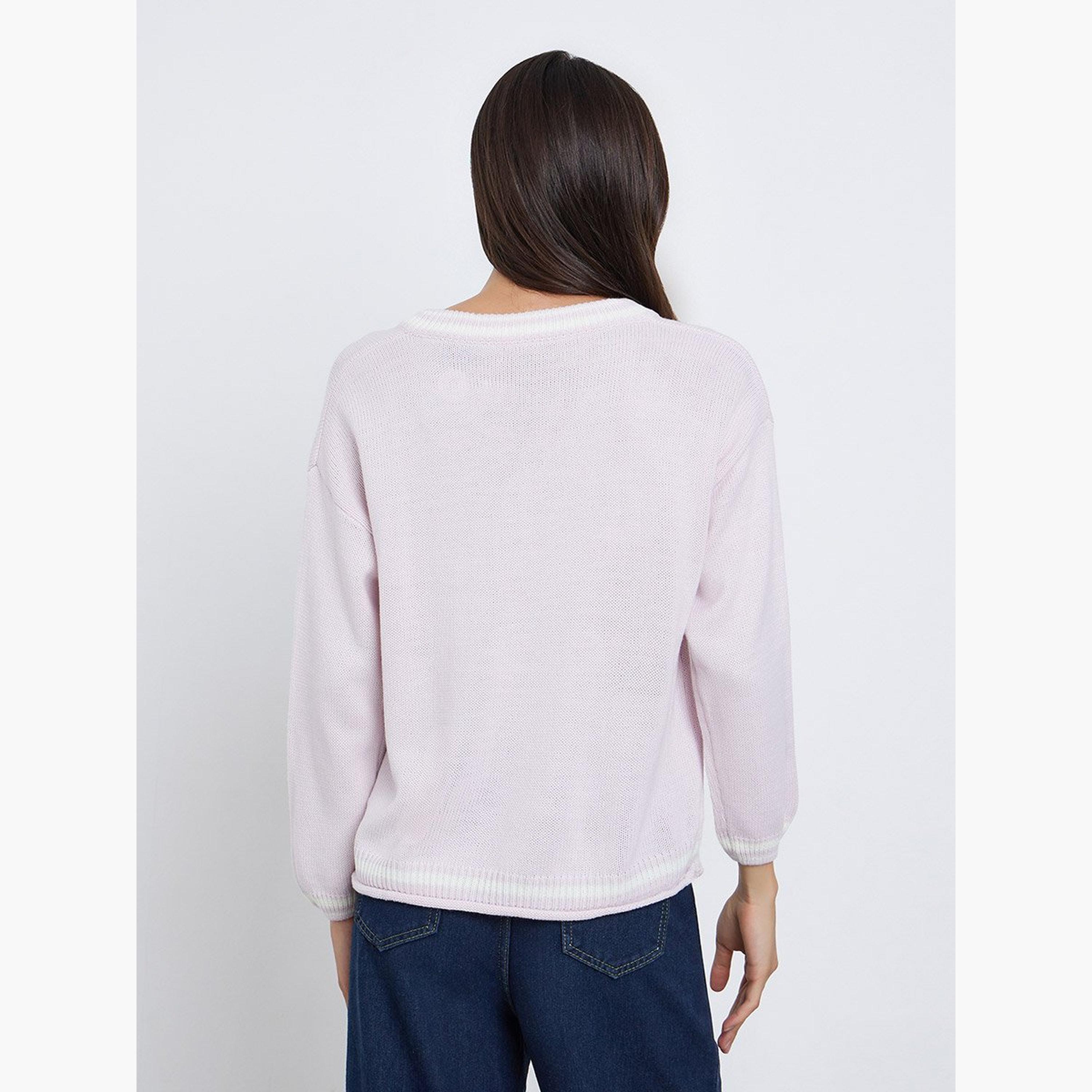 Styli Pink V-Neck Striped Oversized Sweater-women-winterwear-cardigansandjumpers-jumpers-image-4