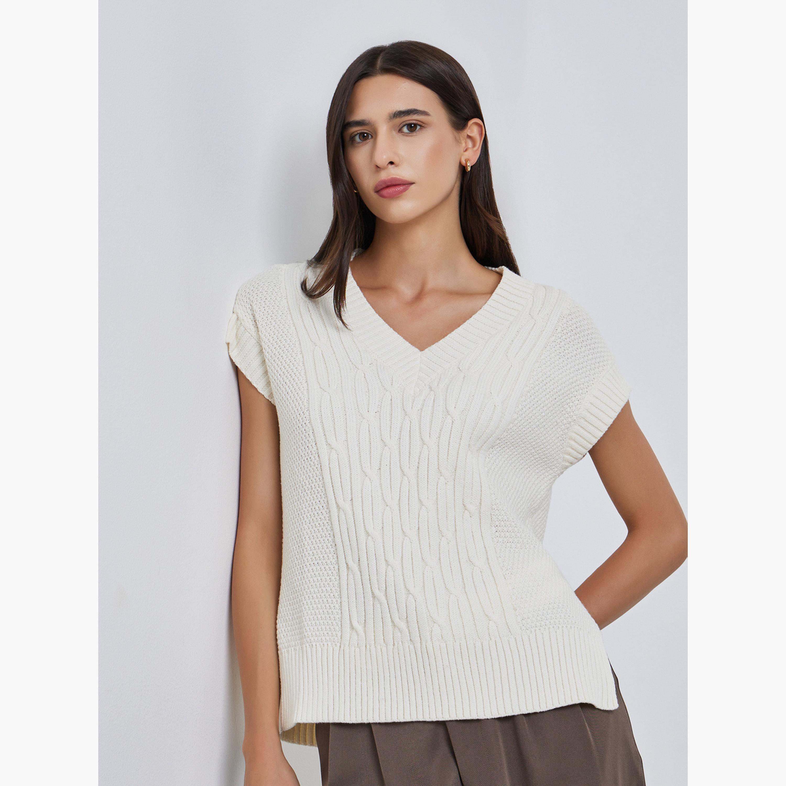 Styli White Cable Knit Sleeveless Sweater-women-clothing-cardigansandjumpers-jumpers-image-1
