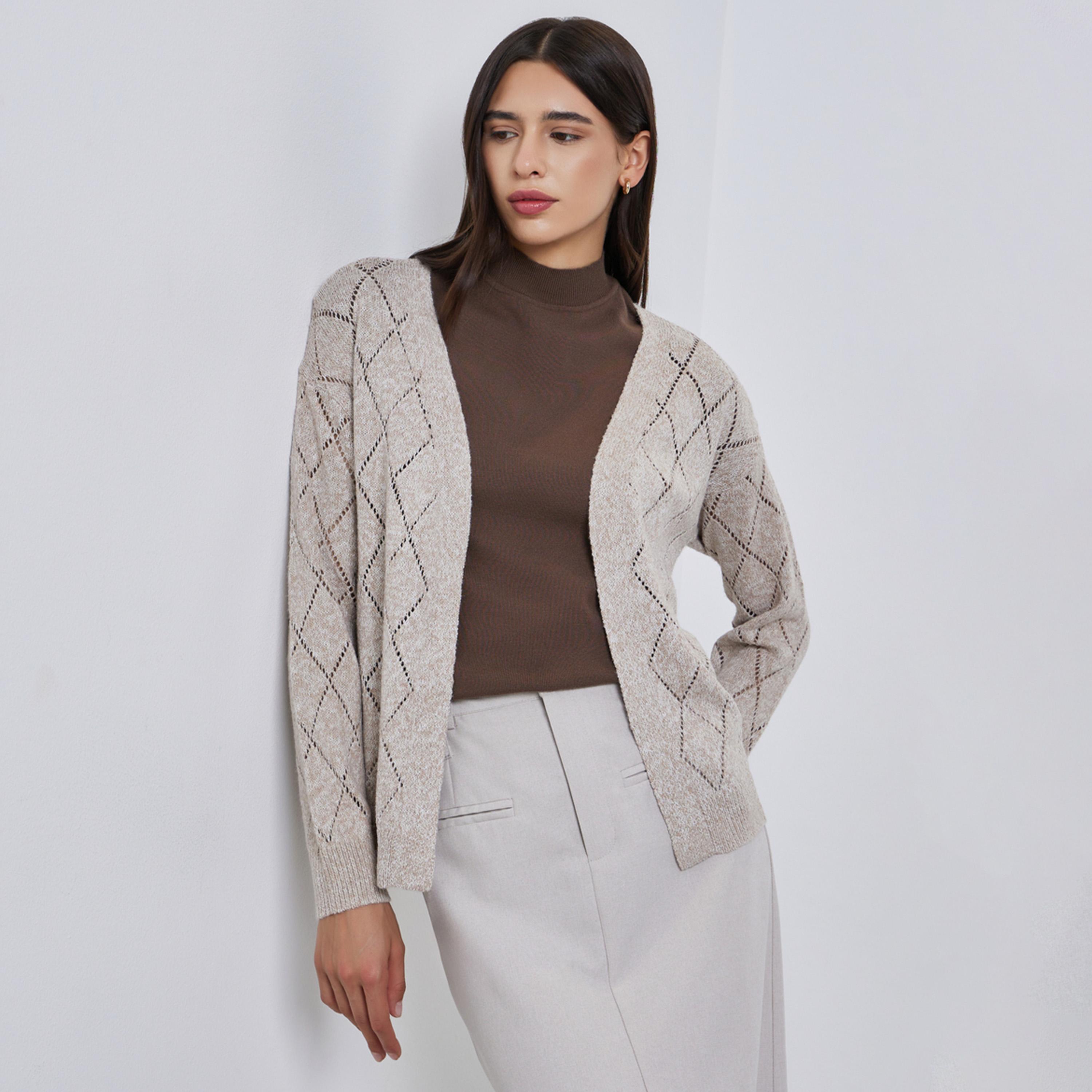 Styli Beige Textured Diamond Knit Cardigan-women-winterwear-cardigansandjumpers-jumpers-image-1