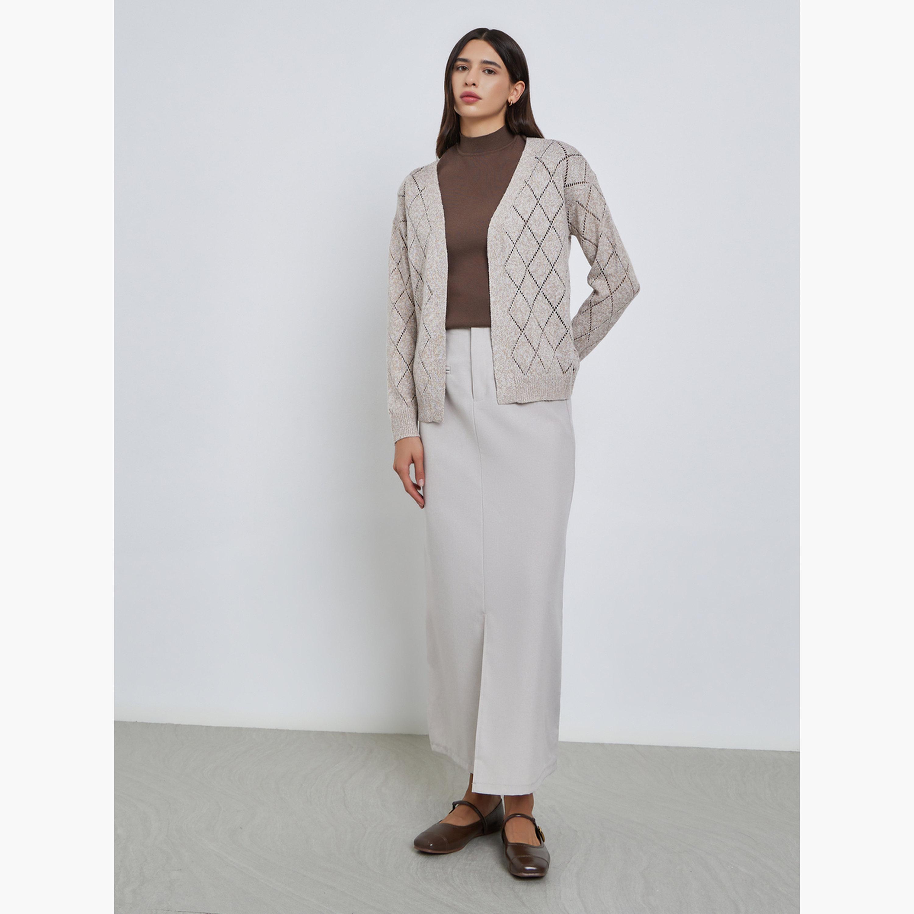 Styli Beige Textured Diamond Knit Cardigan-women-winterwear-cardigansandjumpers-jumpers-image-2