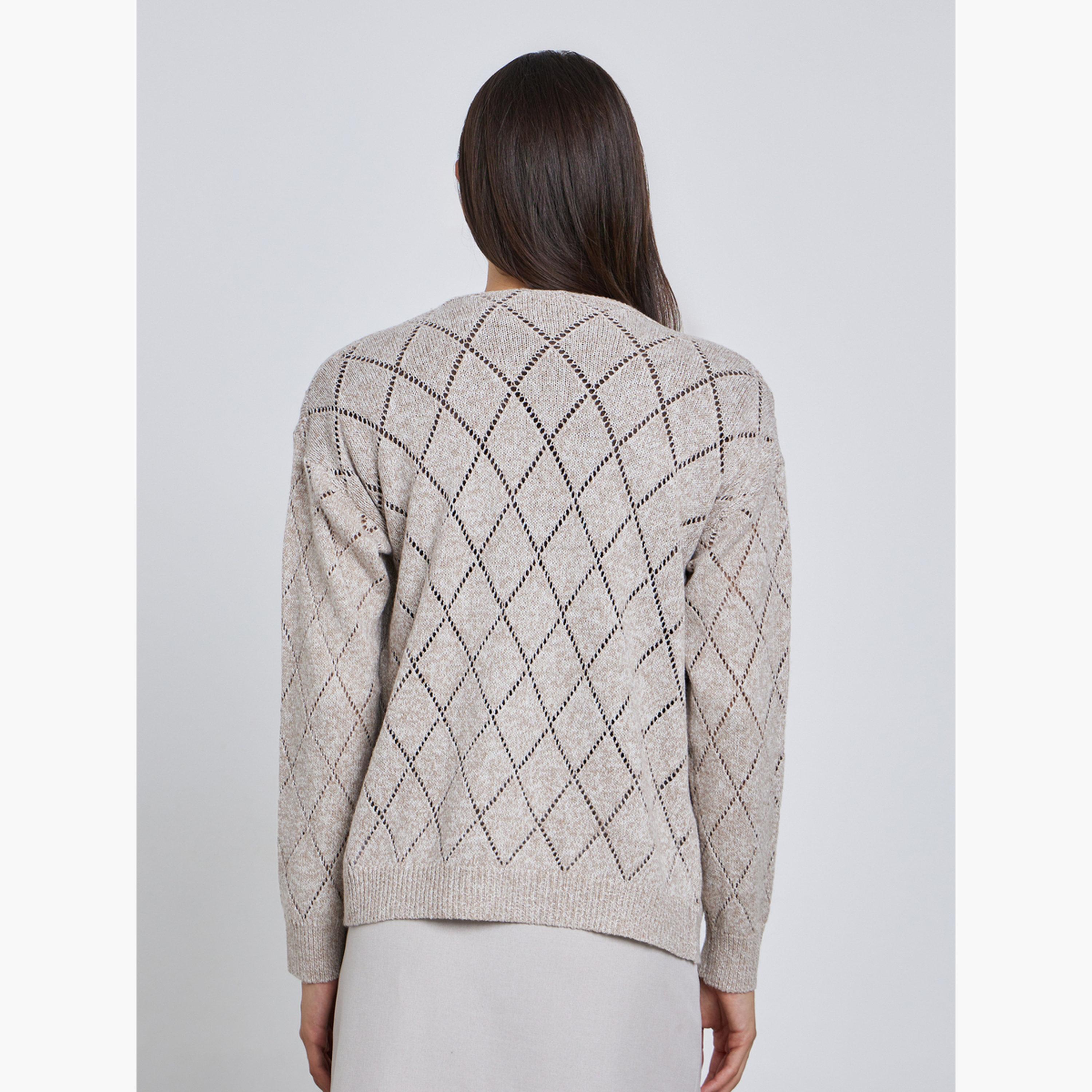 Styli Beige Textured Diamond Knit Cardigan-women-winterwear-cardigansandjumpers-jumpers-image-4