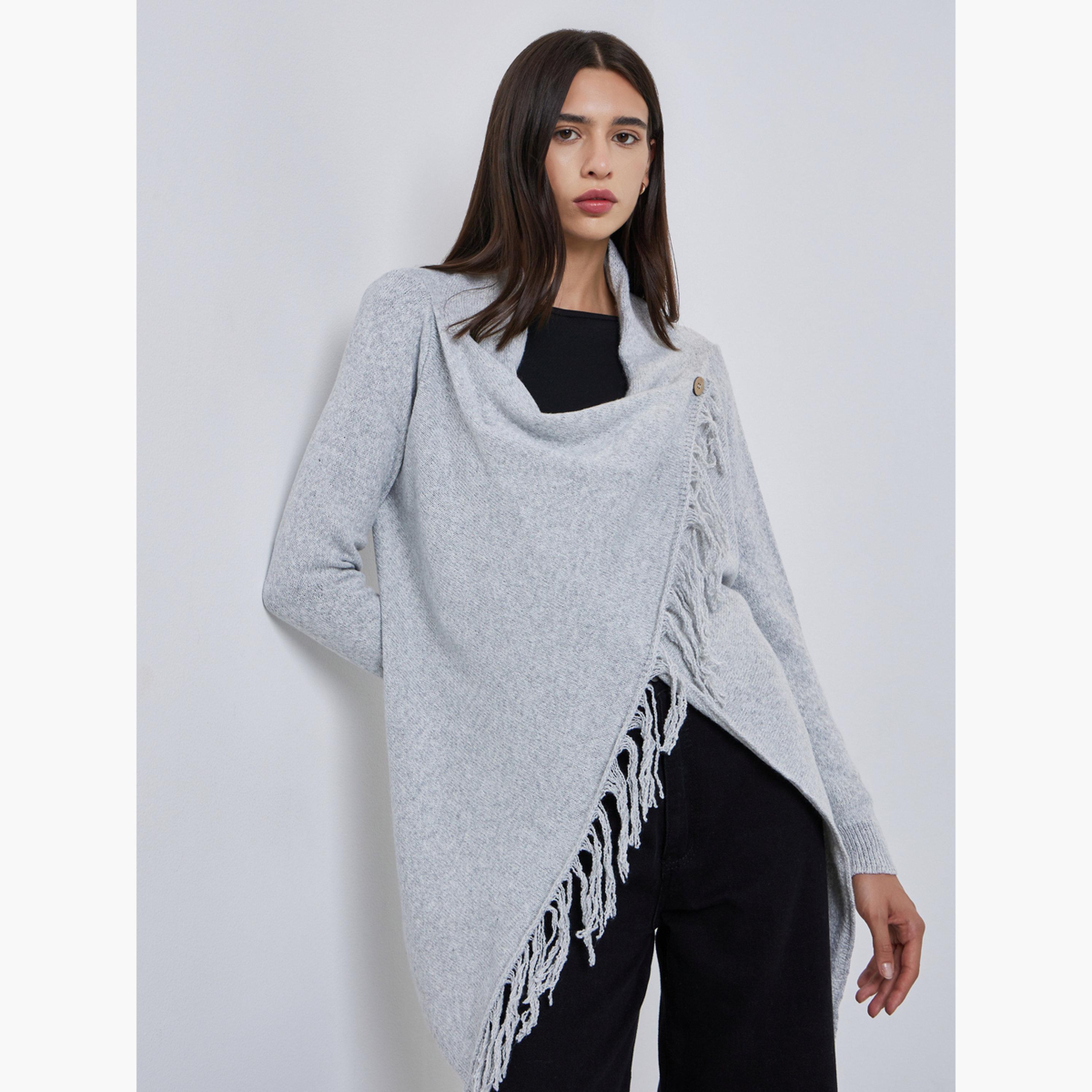 Styli Grey Wrap Cardigan with Fringes-women-clothing-cardigansandjumpers-jumpers-image-1