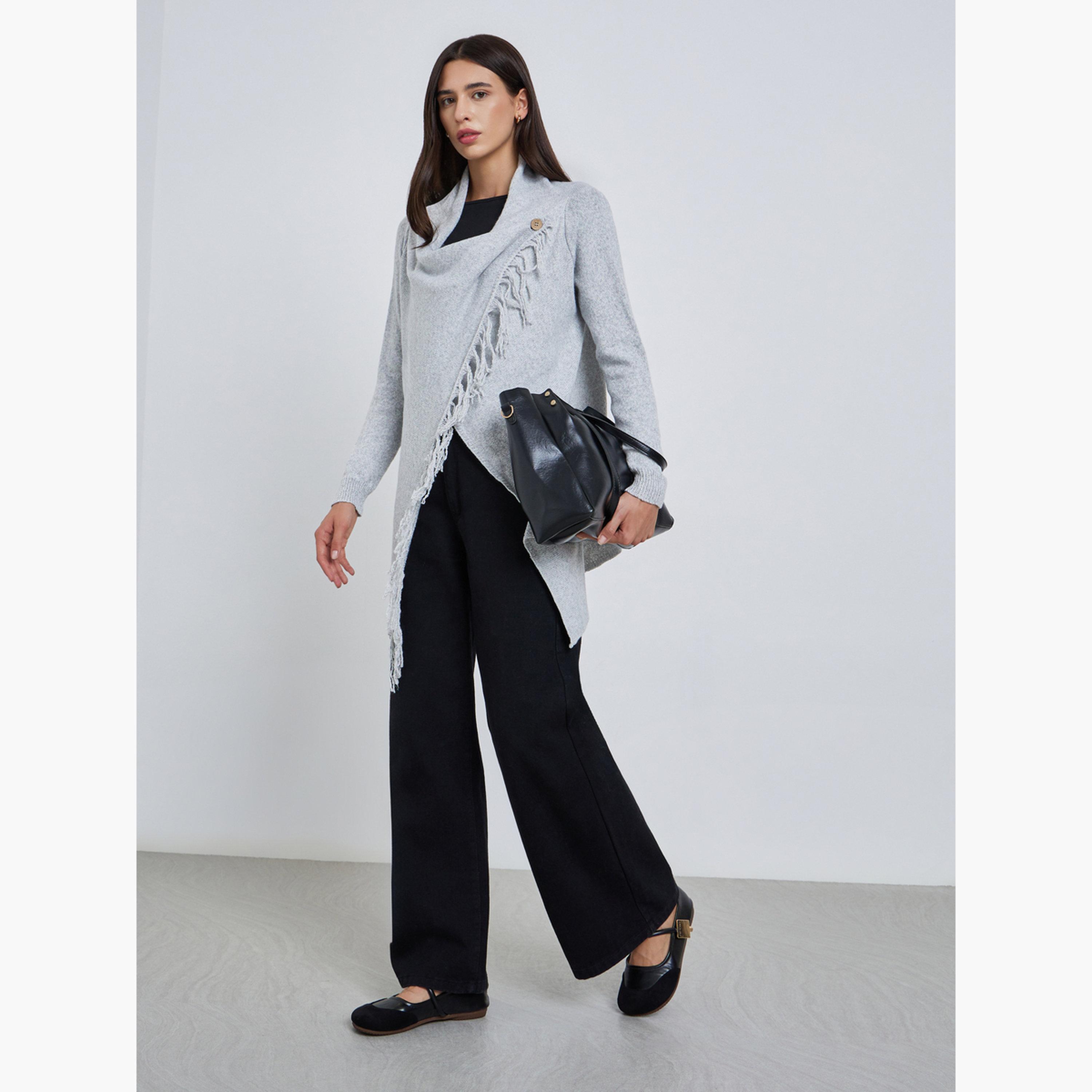 Styli Grey Wrap Cardigan with Fringes-women-clothing-cardigansandjumpers-jumpers-image-2