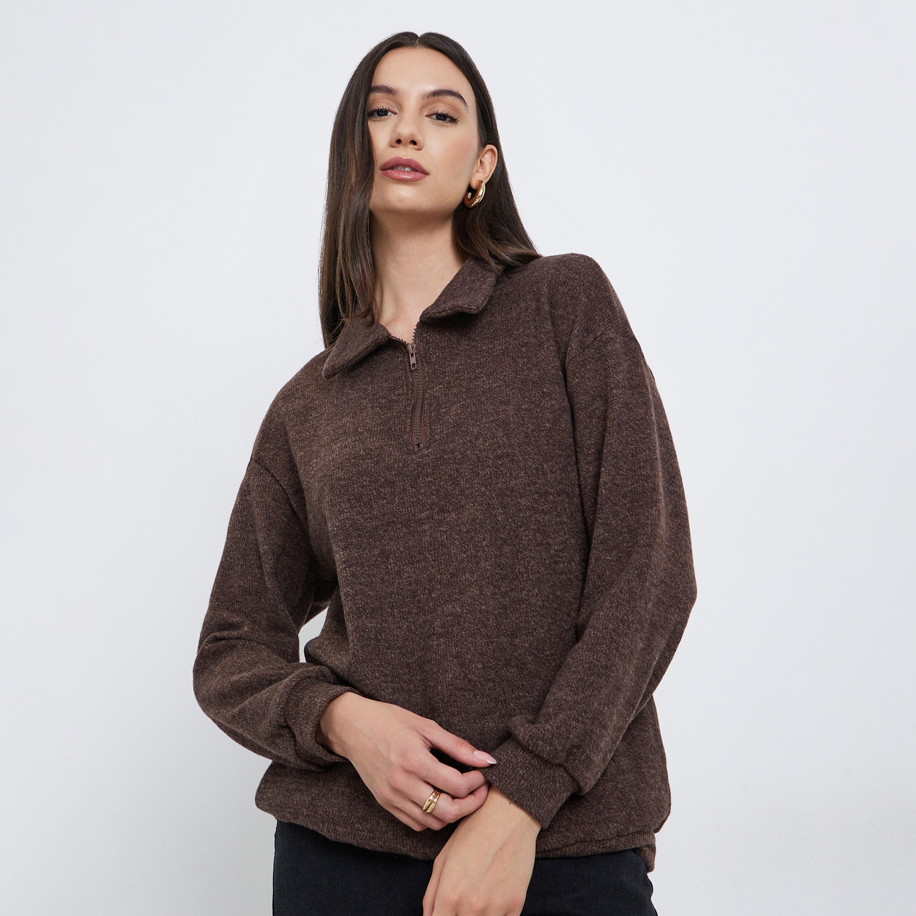 ستايلي - سويت شيرت بني محبوك بياقة-women-winterwear-hoodiesandsweatshirts-sweatshirts-image-1