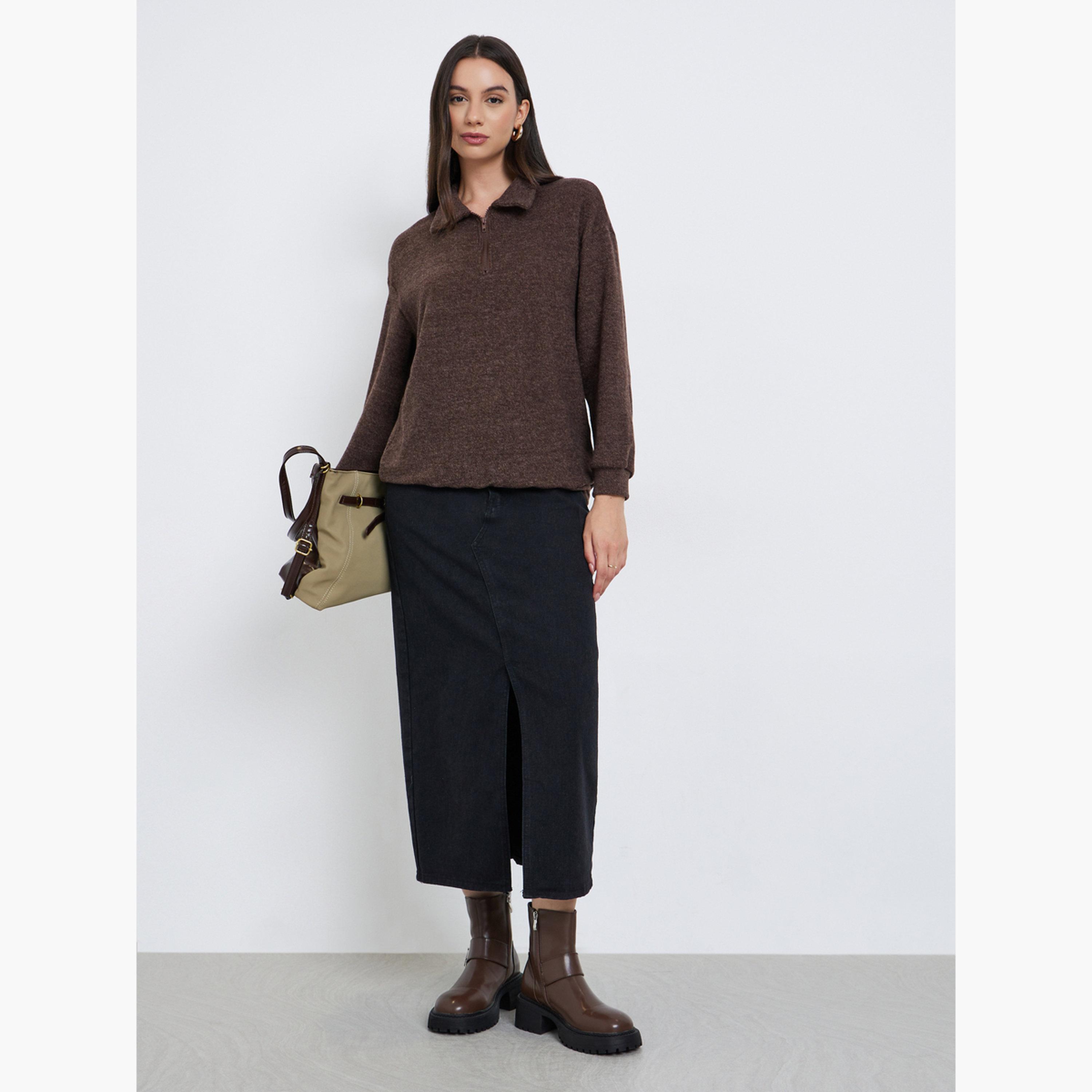 ستايلي - سويت شيرت بني محبوك بياقة-women-winterwear-hoodiesandsweatshirts-sweatshirts-image-2