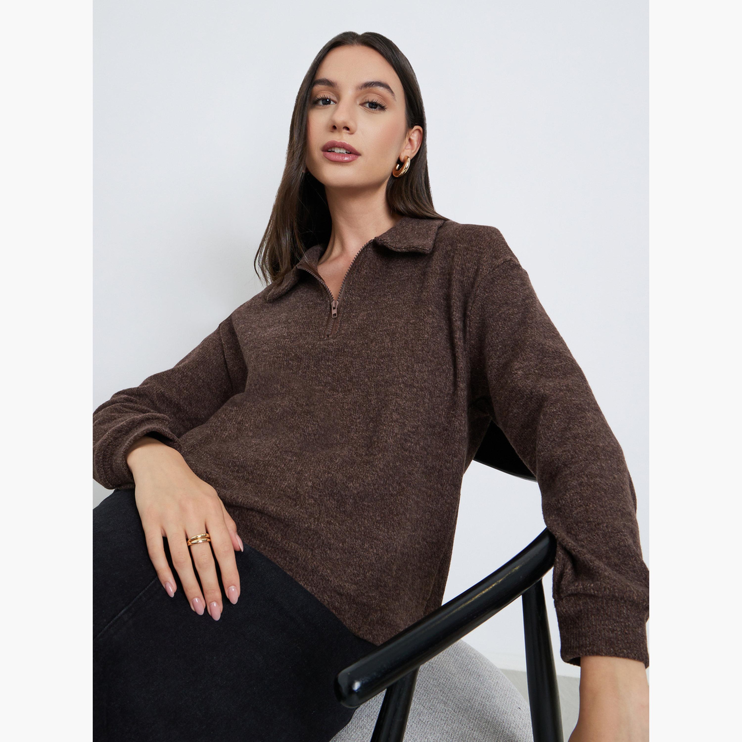 Styli Knit Collared Long Sleeves Women's Sweatshirt-women-winterwear-hoodiesandsweatshirts-sweatshirts-image-3