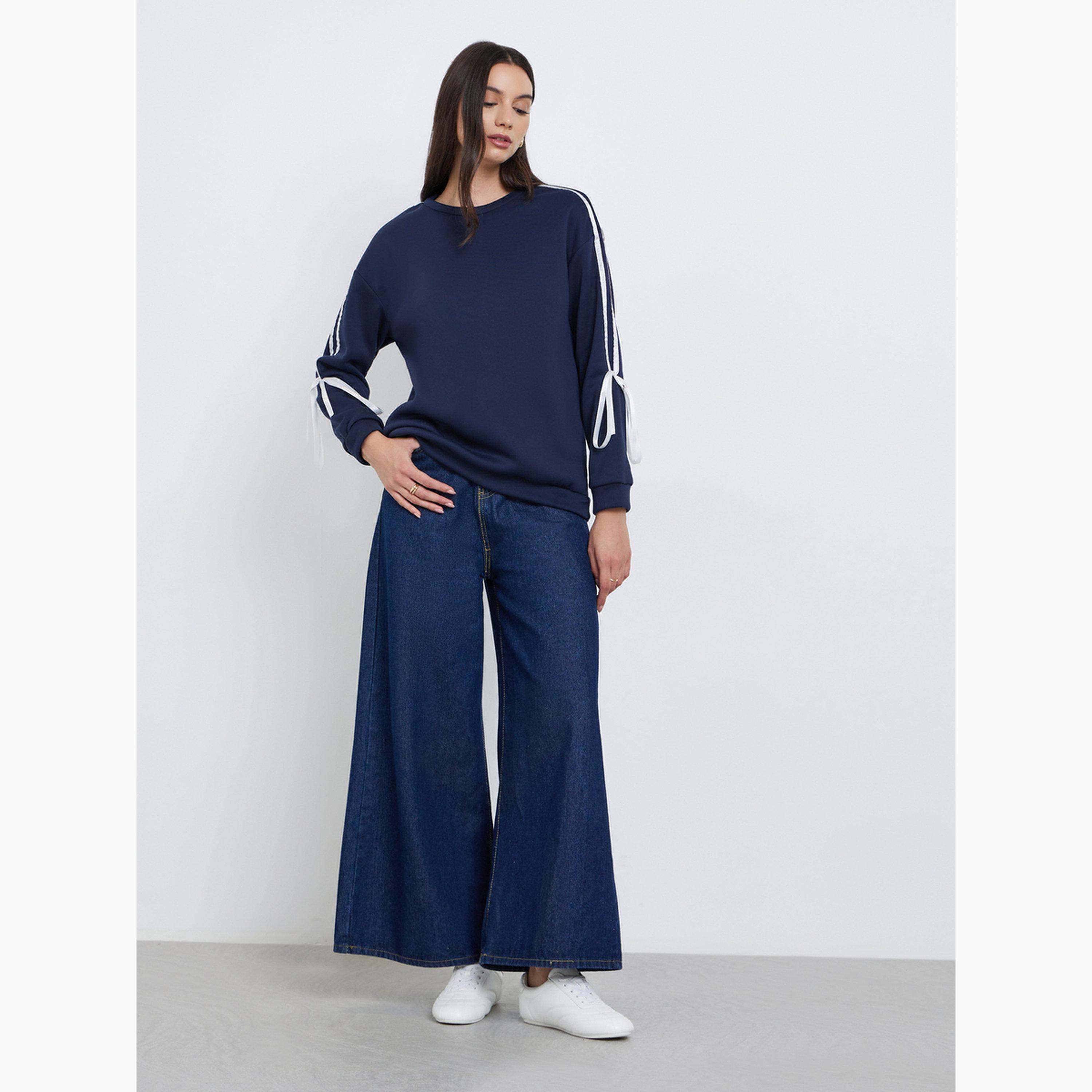 ستايلي - سويت شيرت أزرق داكن مع تفاصيل شريط-women-clothing-hoodiesandsweatshirts-sweatshirts-image-2