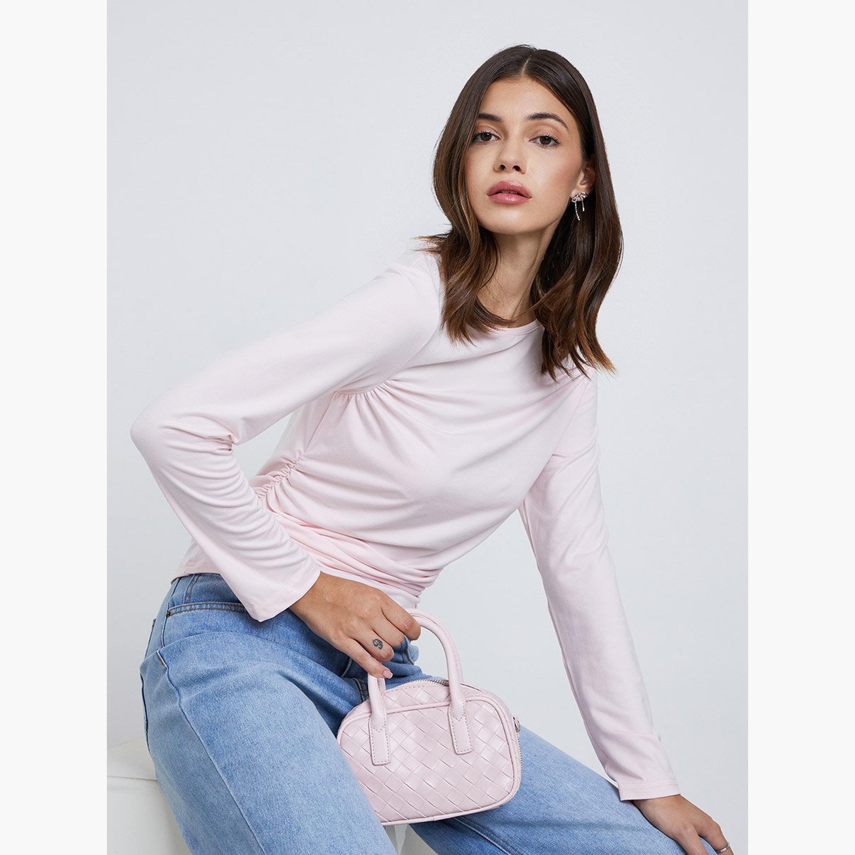 ستايلي - بلوزة محبوكة بأكمام طويلة لون وردي-women-clothing-tshirts-image-3