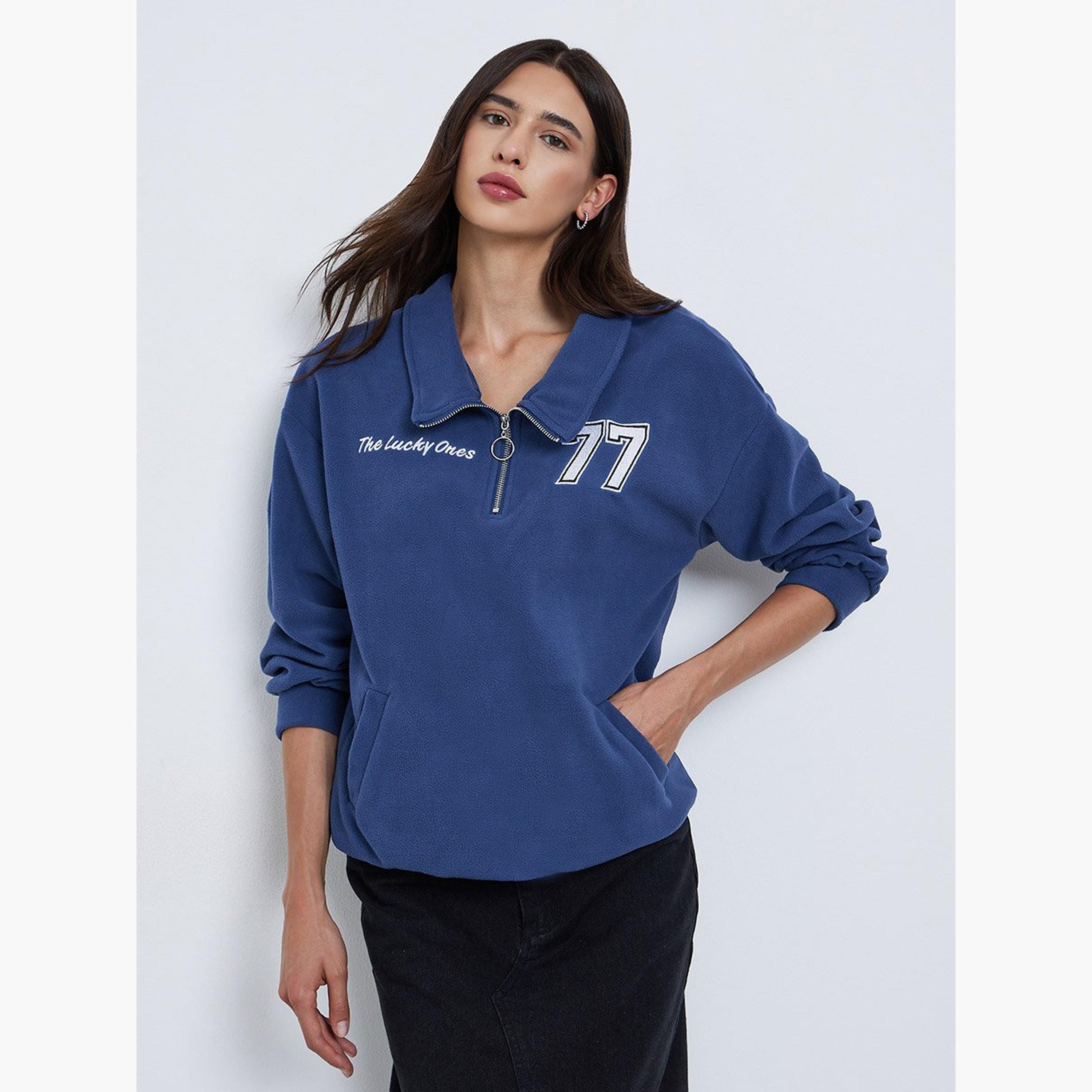 ستايلي - سويت شيرت مقاس كبير من الصوف القطبي الأزرق الداكن-women-winterwear-hoodiesandsweatshirts-sweatshirts-image-1