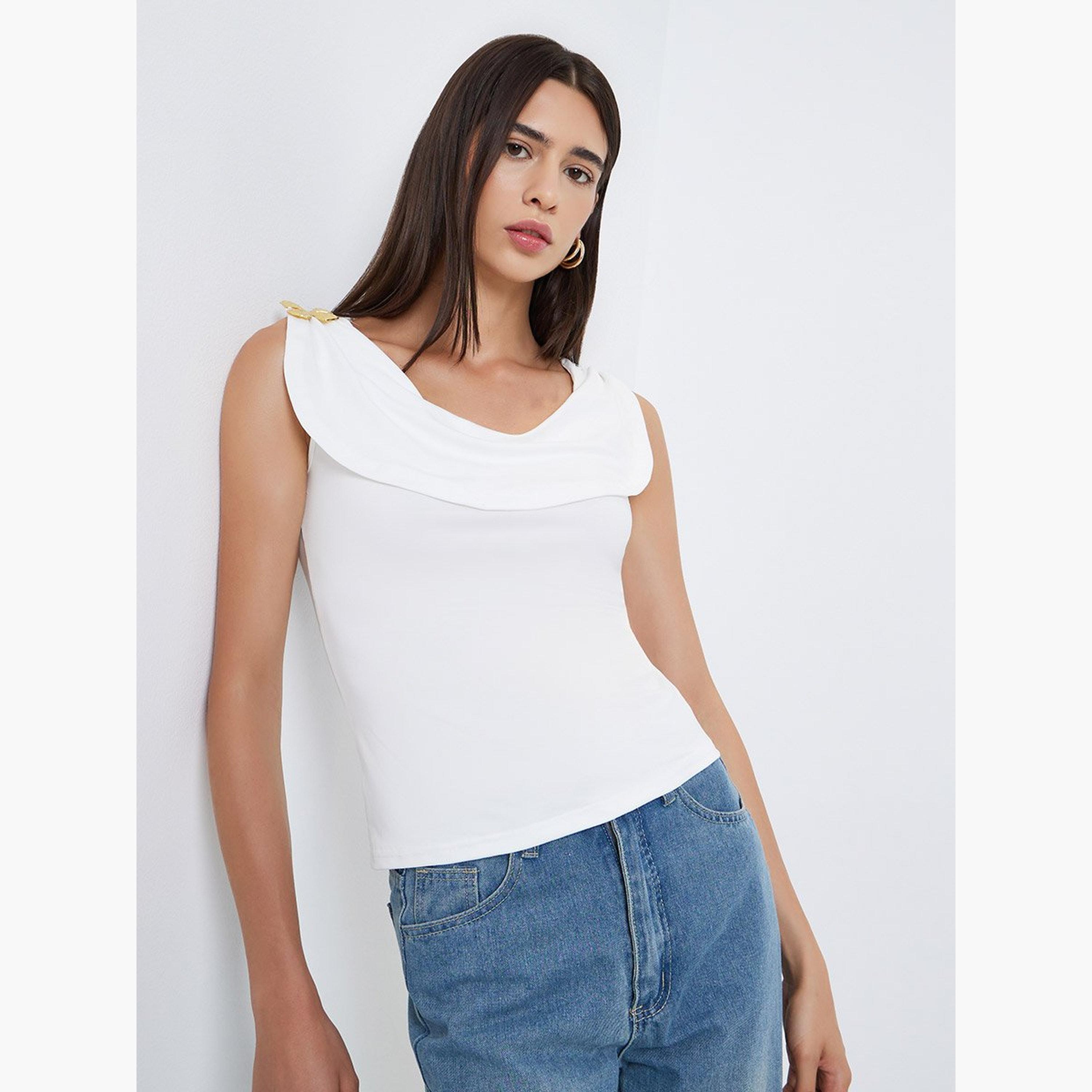 Styli White Sleeveless Top with Butterfly Metal Accent-women-clothing-shirtsandblouses-blouses-image-1