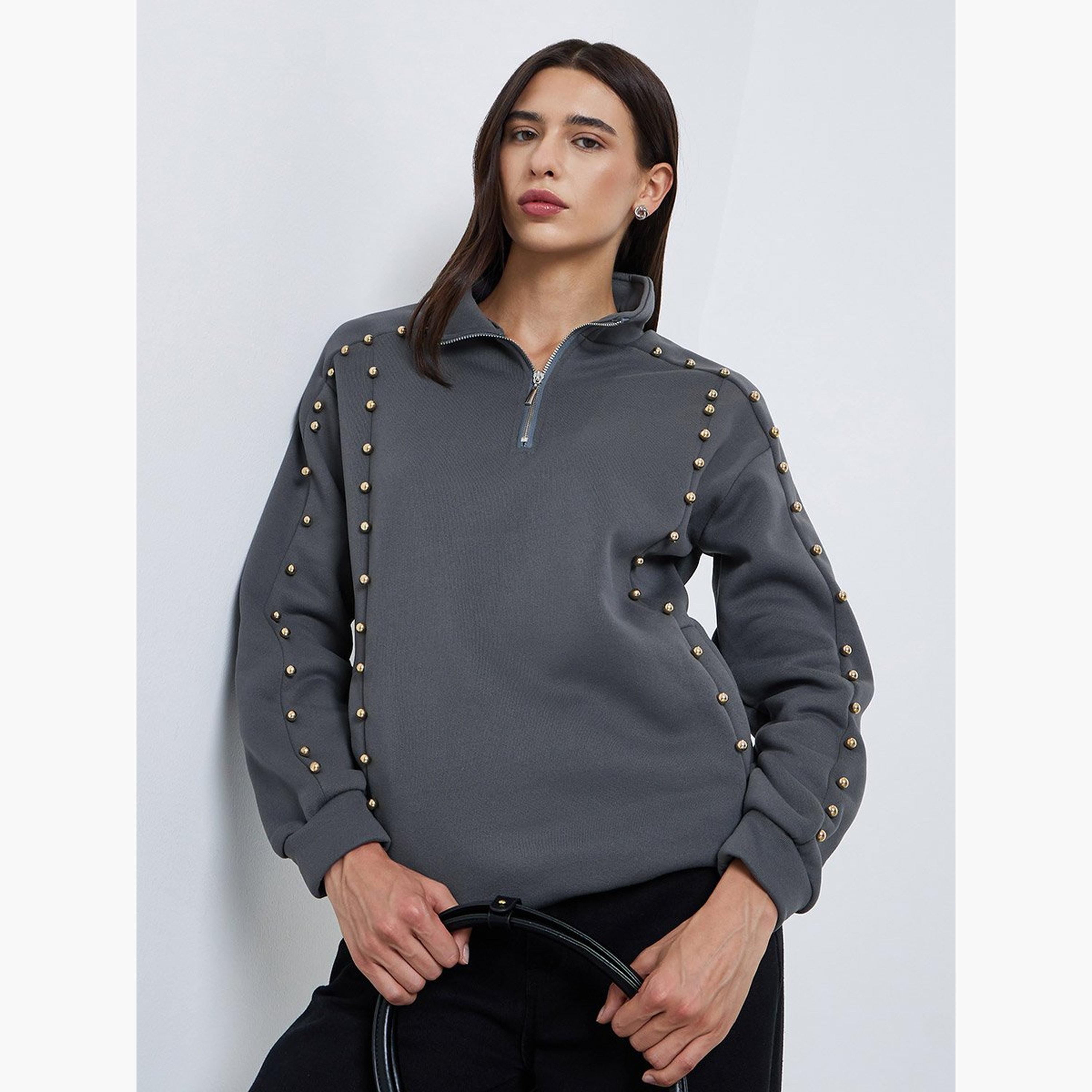 Styli Studded High Neck Long Sleeves Women's Sweatshirt-women-winterwear-hoodiesandsweatshirts-sweatshirts-image-1