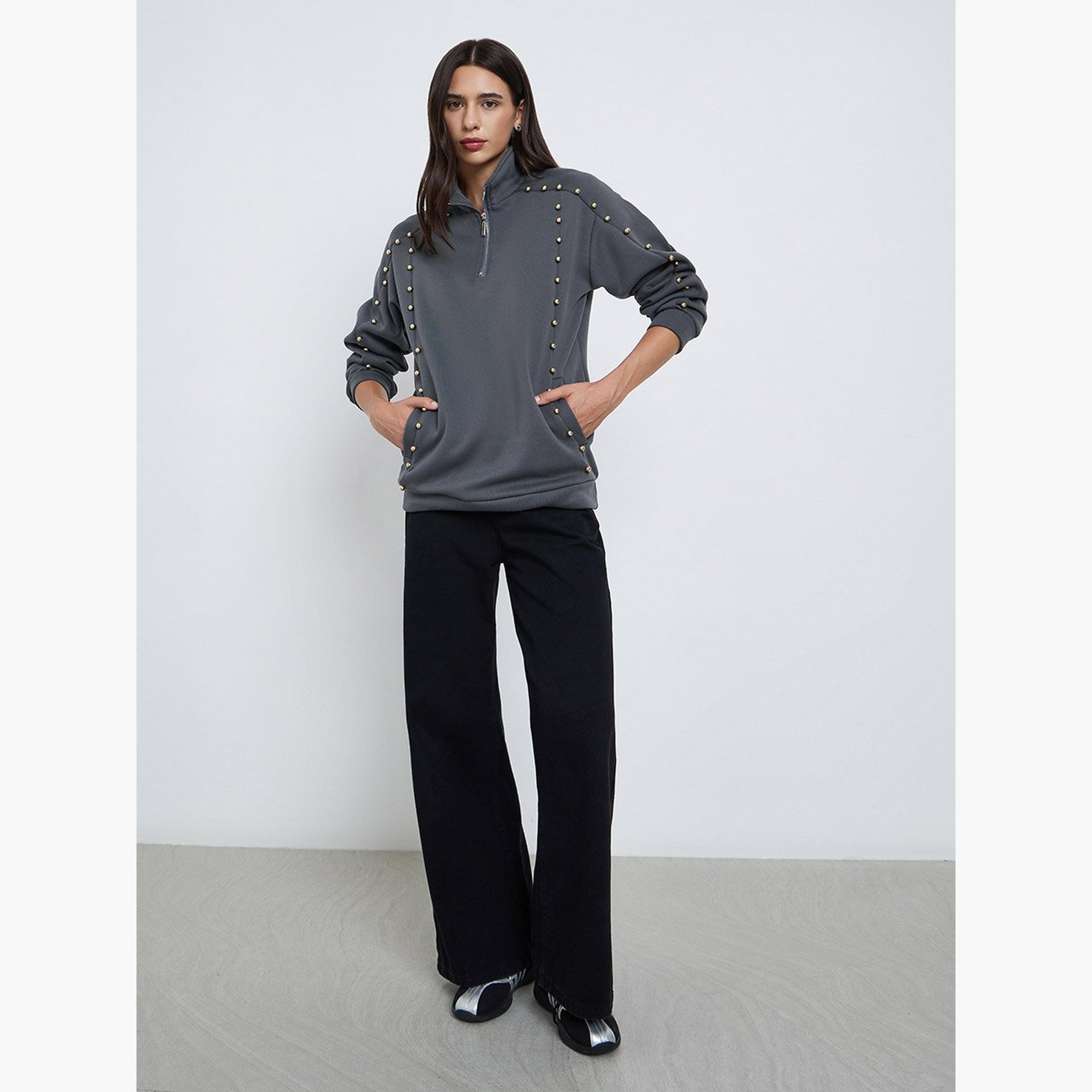 Styli Studded High Neck Long Sleeves Women's Sweatshirt-women-winterwear-hoodiesandsweatshirts-sweatshirts-image-2