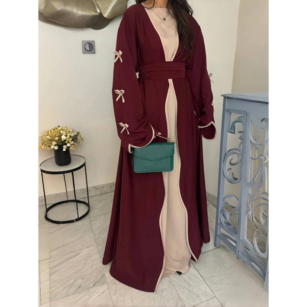 Take Two Bow Detail Open Front Abaya with Belt Set-women-clothing-shirtsandblouses-blouses-image-1