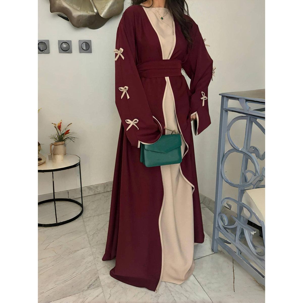 Take Two Bow Detail Open Front Abaya with Belt Set-women-clothing-shirtsandblouses-blouses-image-2