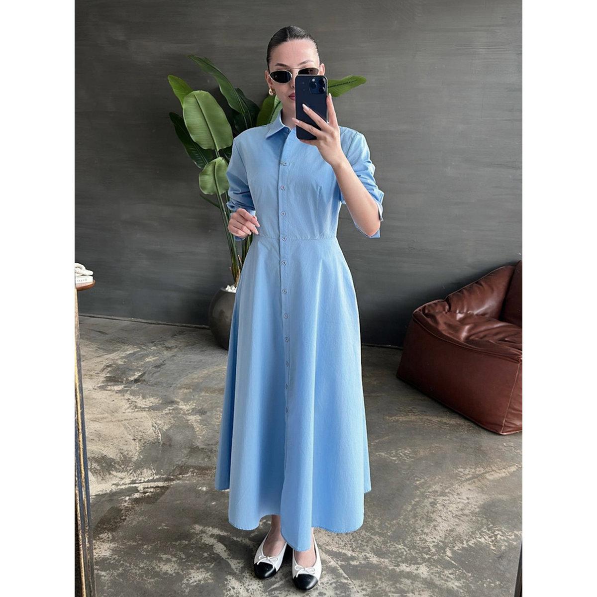 فستان ميدي سادة بأكمام طويلة-women-clothing-dresses-image-3