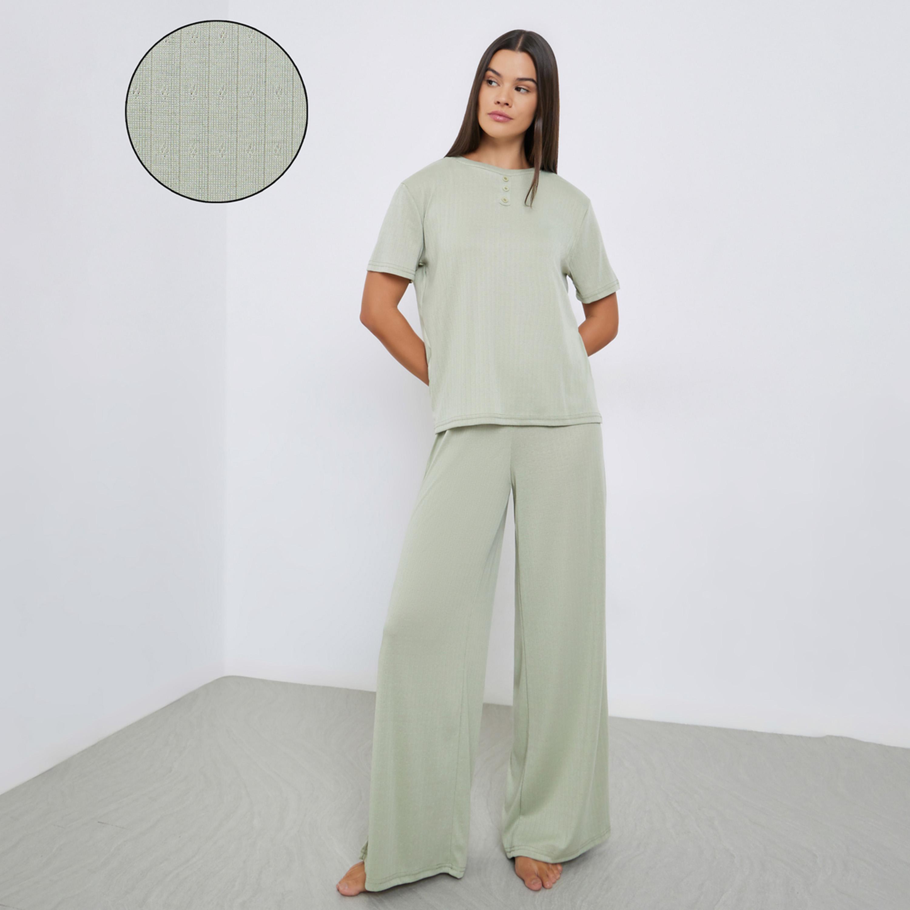 ستايلي - بيجاما بنطال واسع الساق مع تي شيرت بياقة دائرية وسحّاب بوينتل-women-clothing-nightwear-pyjamas-longsets-image-1