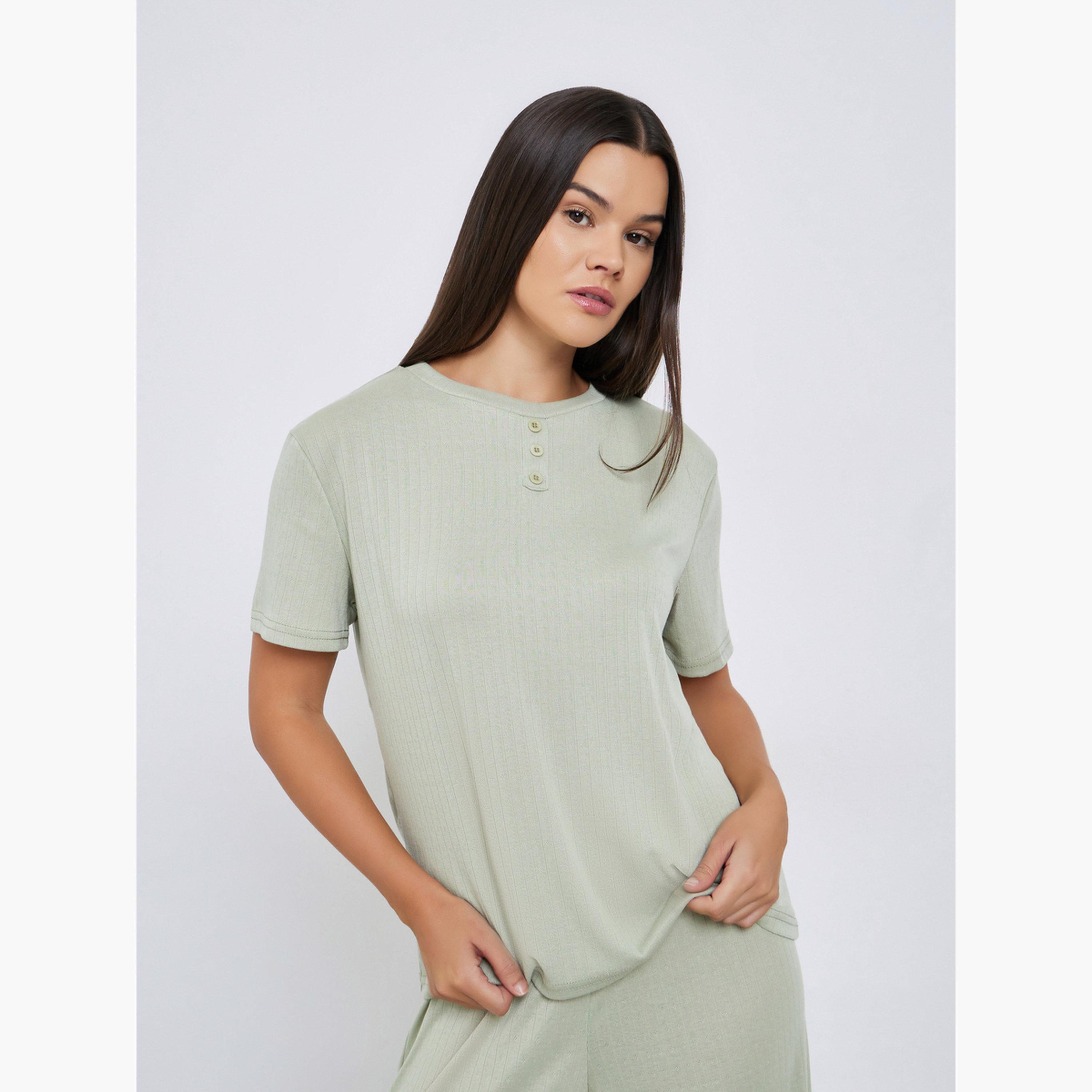 ستايلي - بيجاما بنطال واسع الساق مع تي شيرت بياقة دائرية وسحّاب بوينتل-women-clothing-nightwear-pyjamas-longsets-image-2