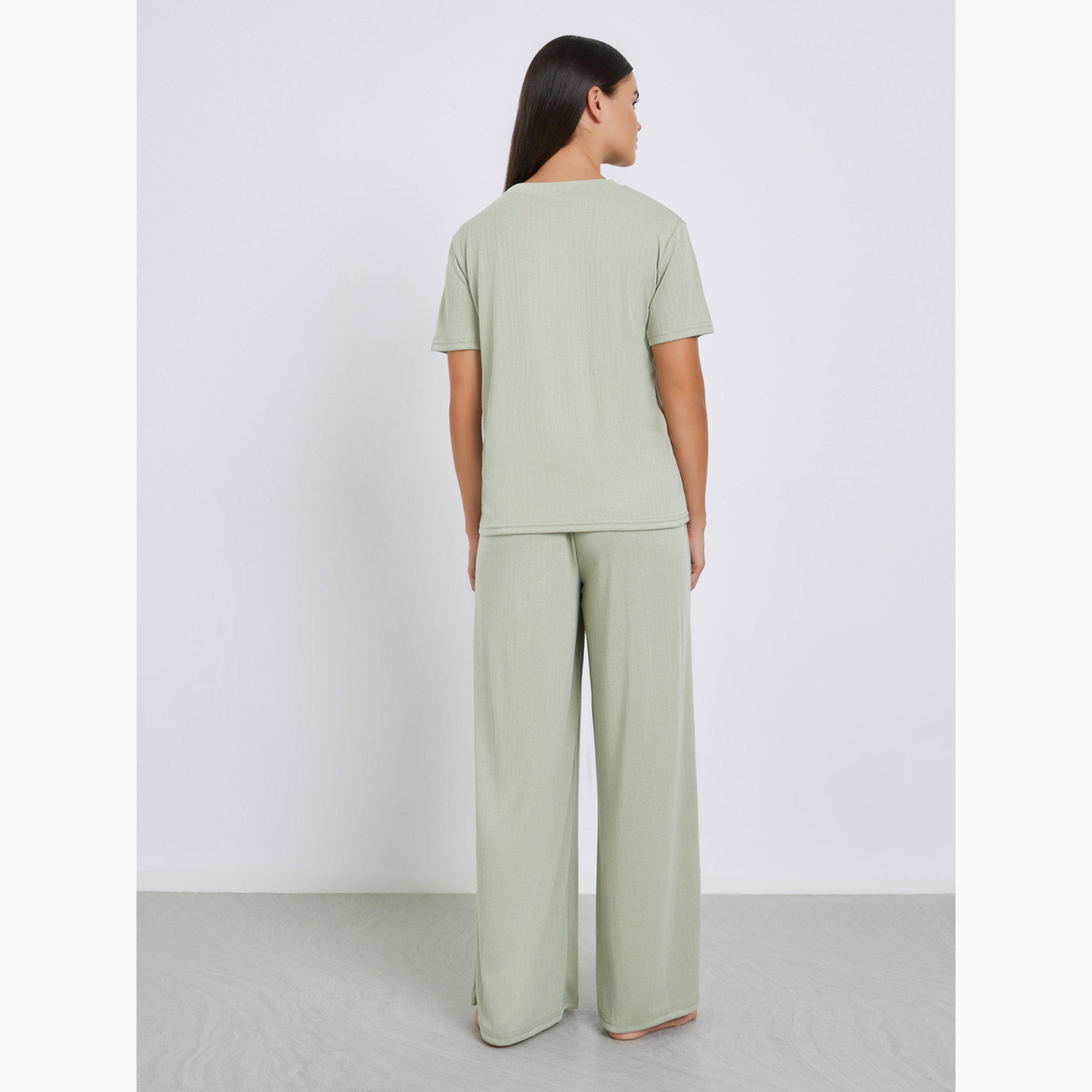 ستايلي - بيجاما بنطال واسع الساق مع تي شيرت بياقة دائرية وسحّاب بوينتل-women-clothing-nightwear-pyjamas-longsets-image-3