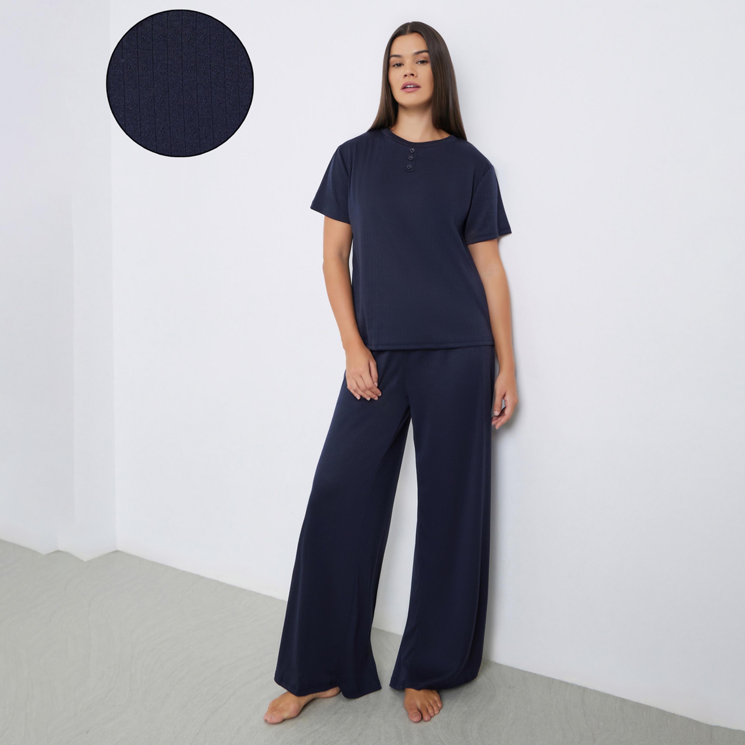 Styli Pointelle Round Neck Placket T-Shirt and Wide Leg Pyjama Set-women-clothing-nightwear-pyjamas-longsets-image-1