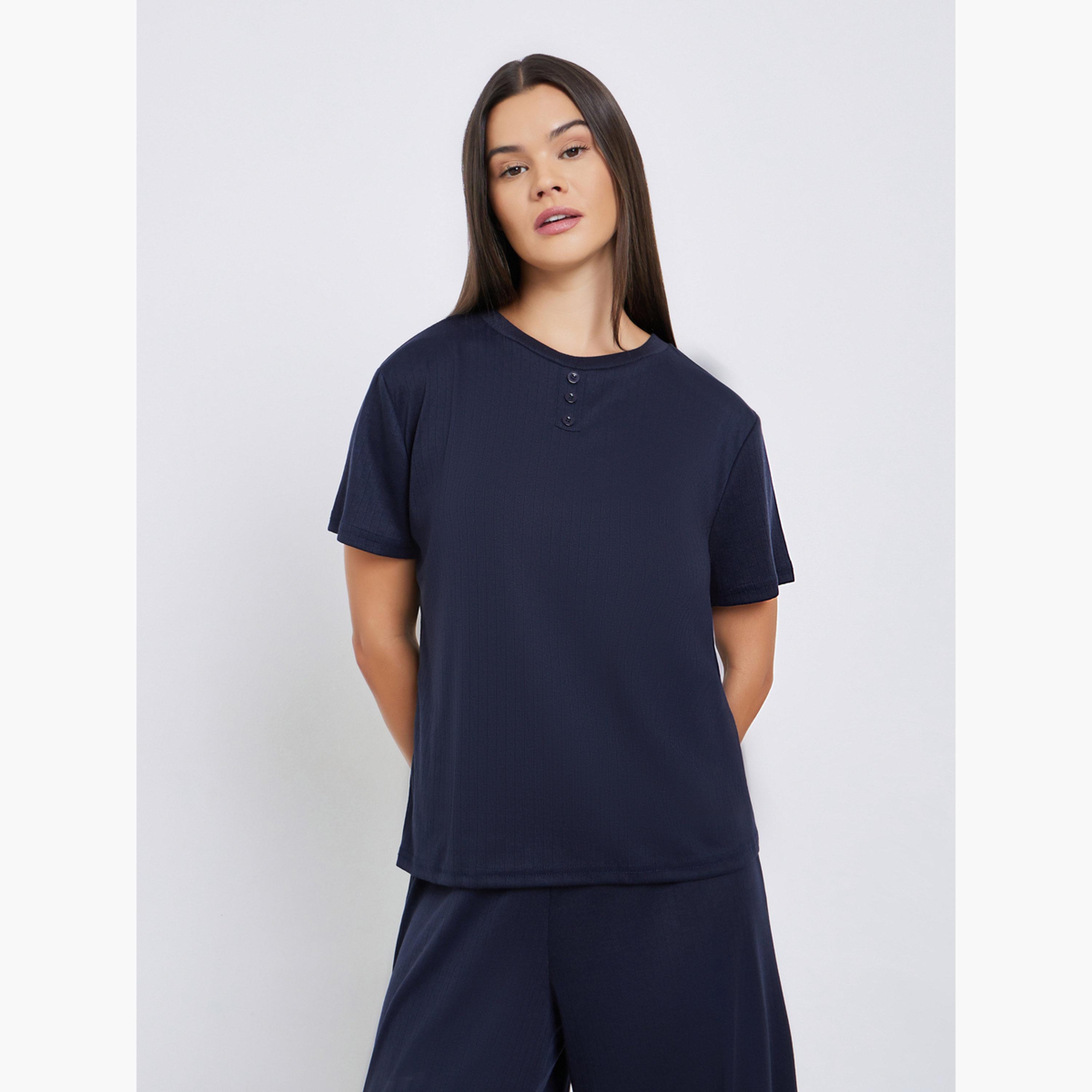 Styli Pointelle Round Neck Placket T-Shirt and Wide Leg Pyjama Set-women-clothing-nightwear-pyjamas-longsets-image-2
